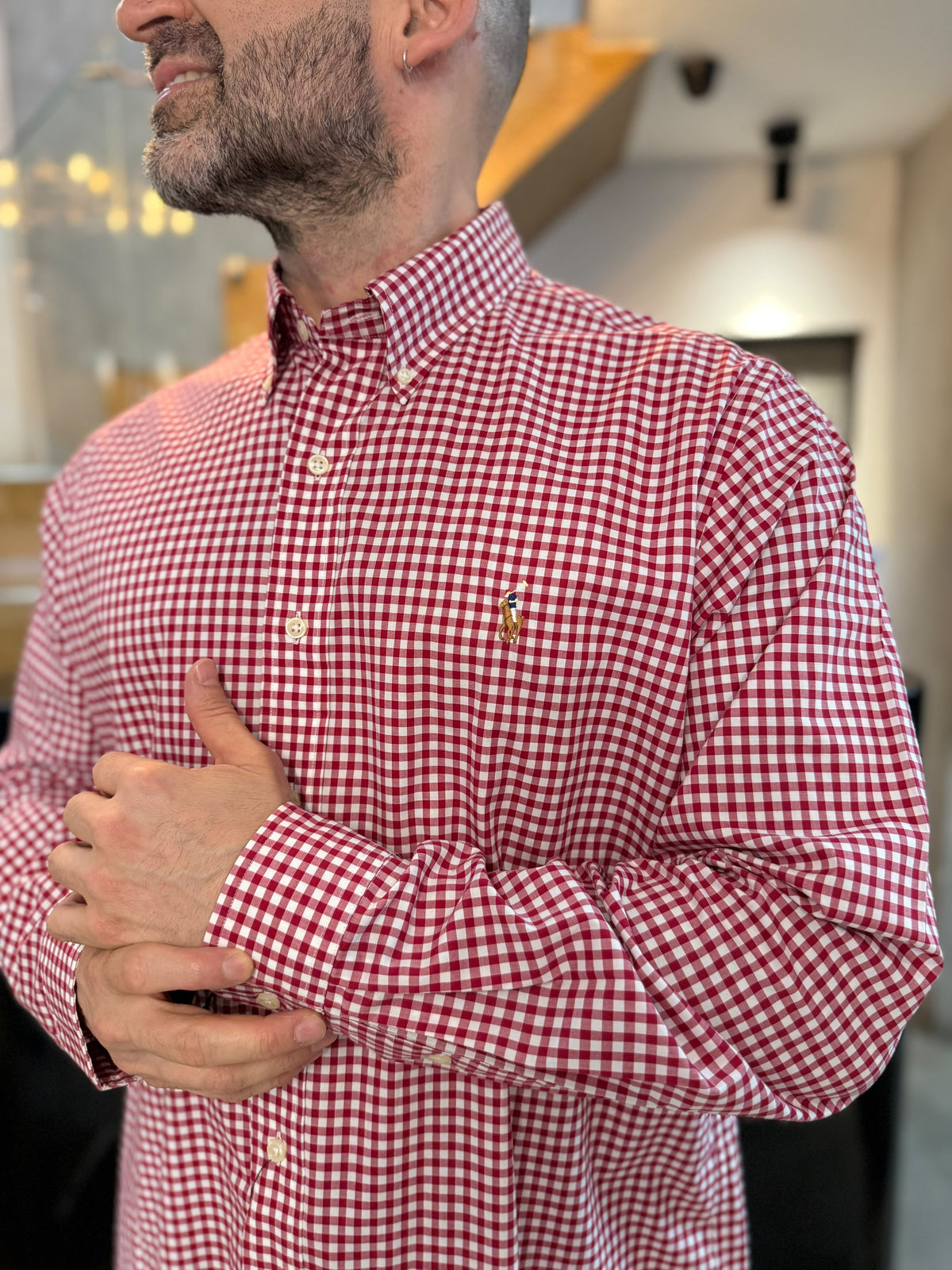 Camisa Polo R.L hombre Algodón Cuadros Rojos Con Blanco Caballo Multicolor