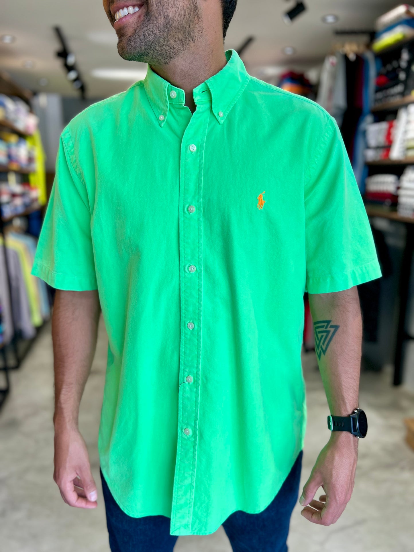 Camisa Polo R.L hombre Verde Manga Corta Oxford