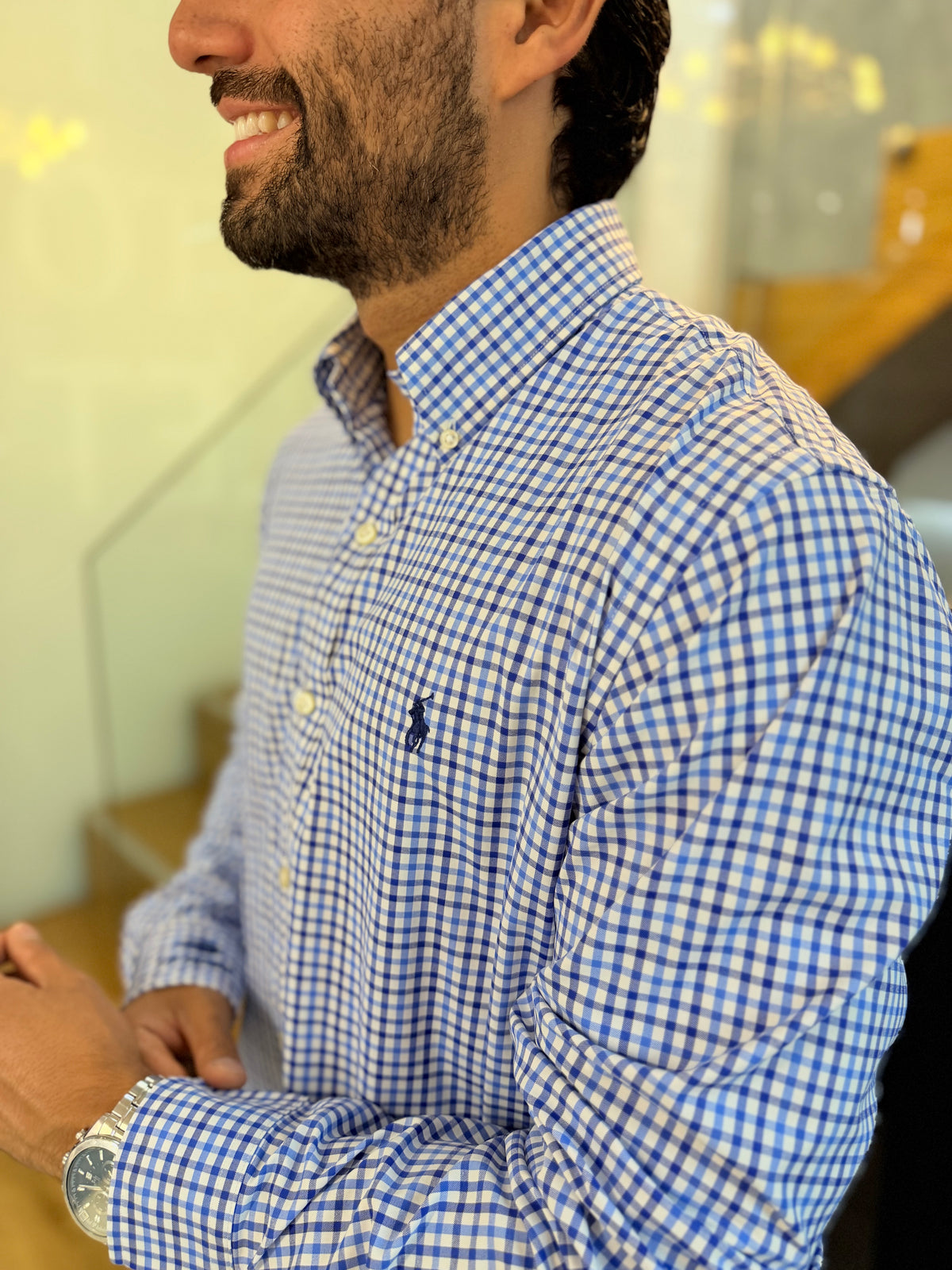 Camisa Polo R.L hombre Performance Cuadros Azules Con Blanco Caballo Azul