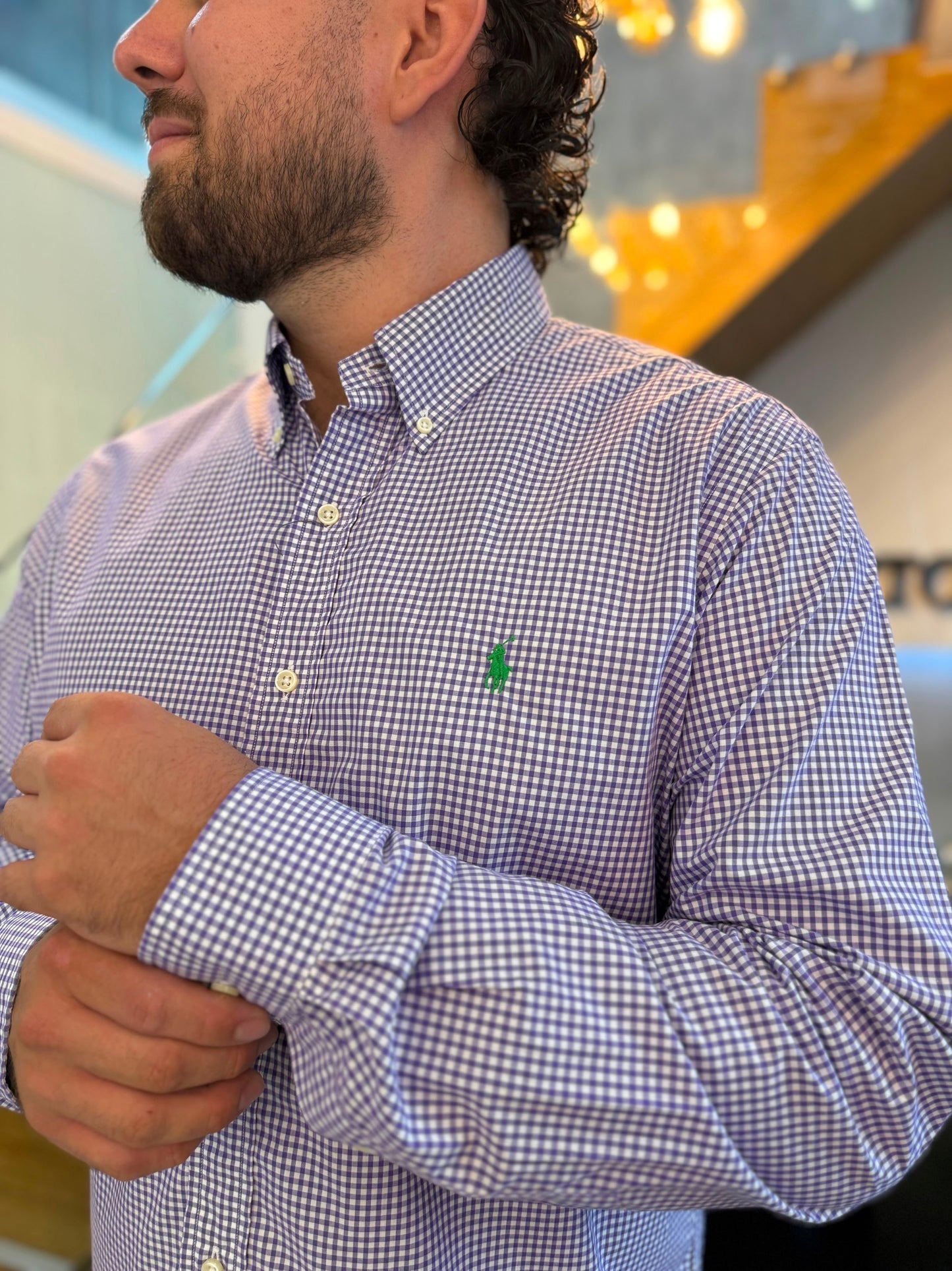 Camisa Polo R.L hombre Algodón Cuadros Morados Caballo Verde