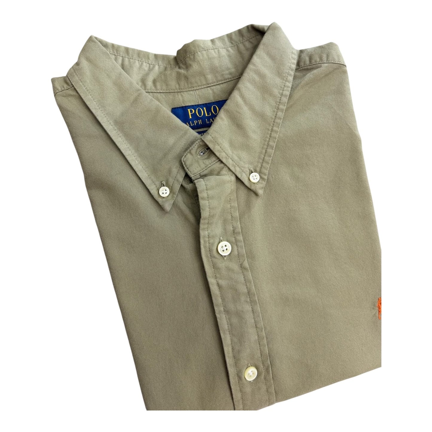 Camisa Polo R.L hombre Oxford Verde Militar Clara Caballo Naranja