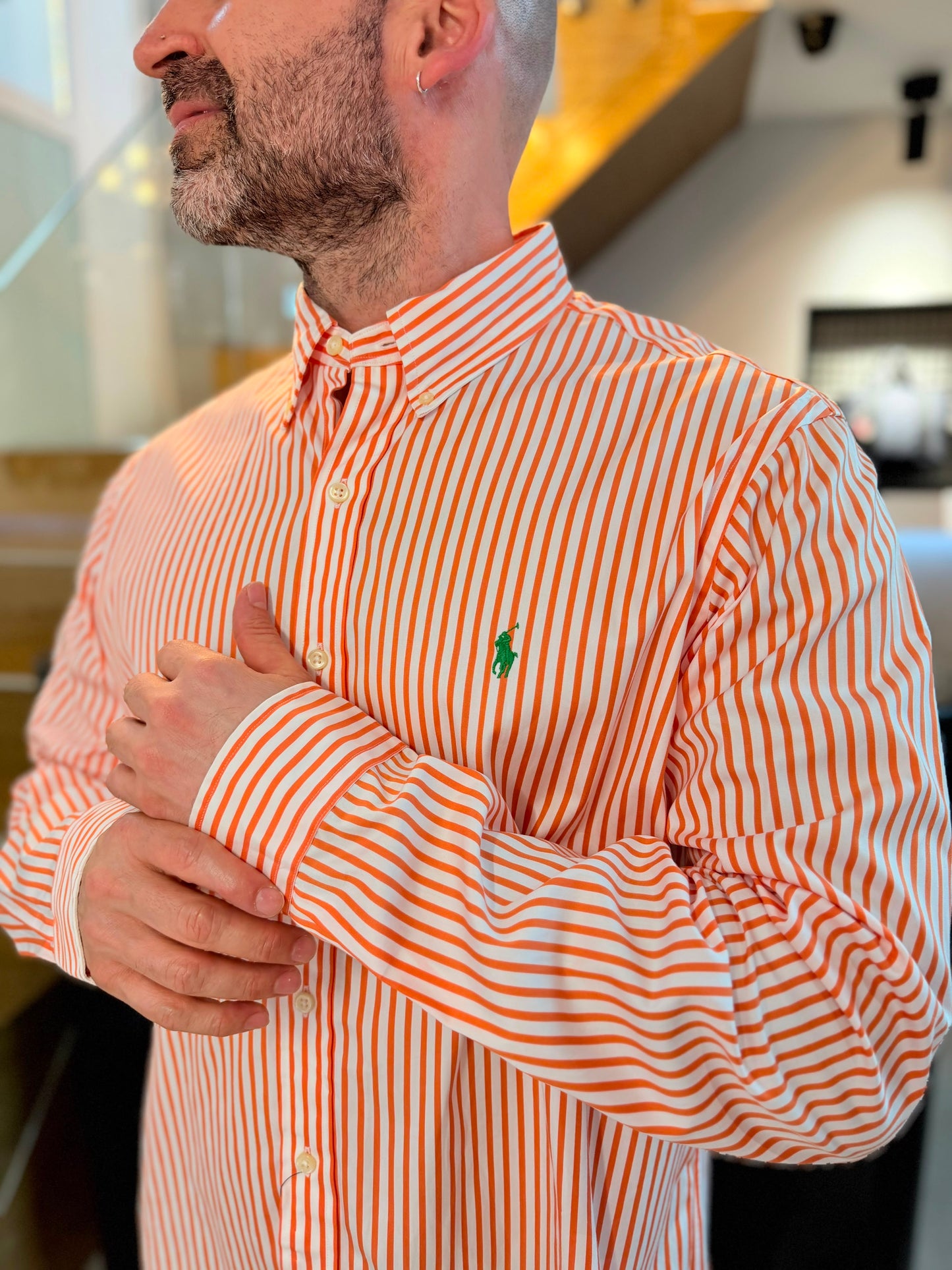 Camisa Polo R.L hombre Algodón Rayas Naranjas Con Blanco Caballo Verde