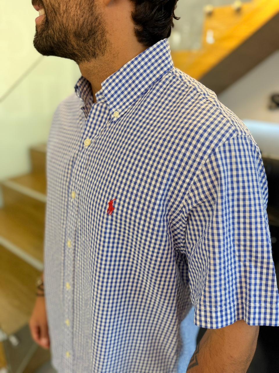 Camisa Polo R.L hombre Manga Corta Galleta Cuadros Azules Con Blanco Caballo Rojo
