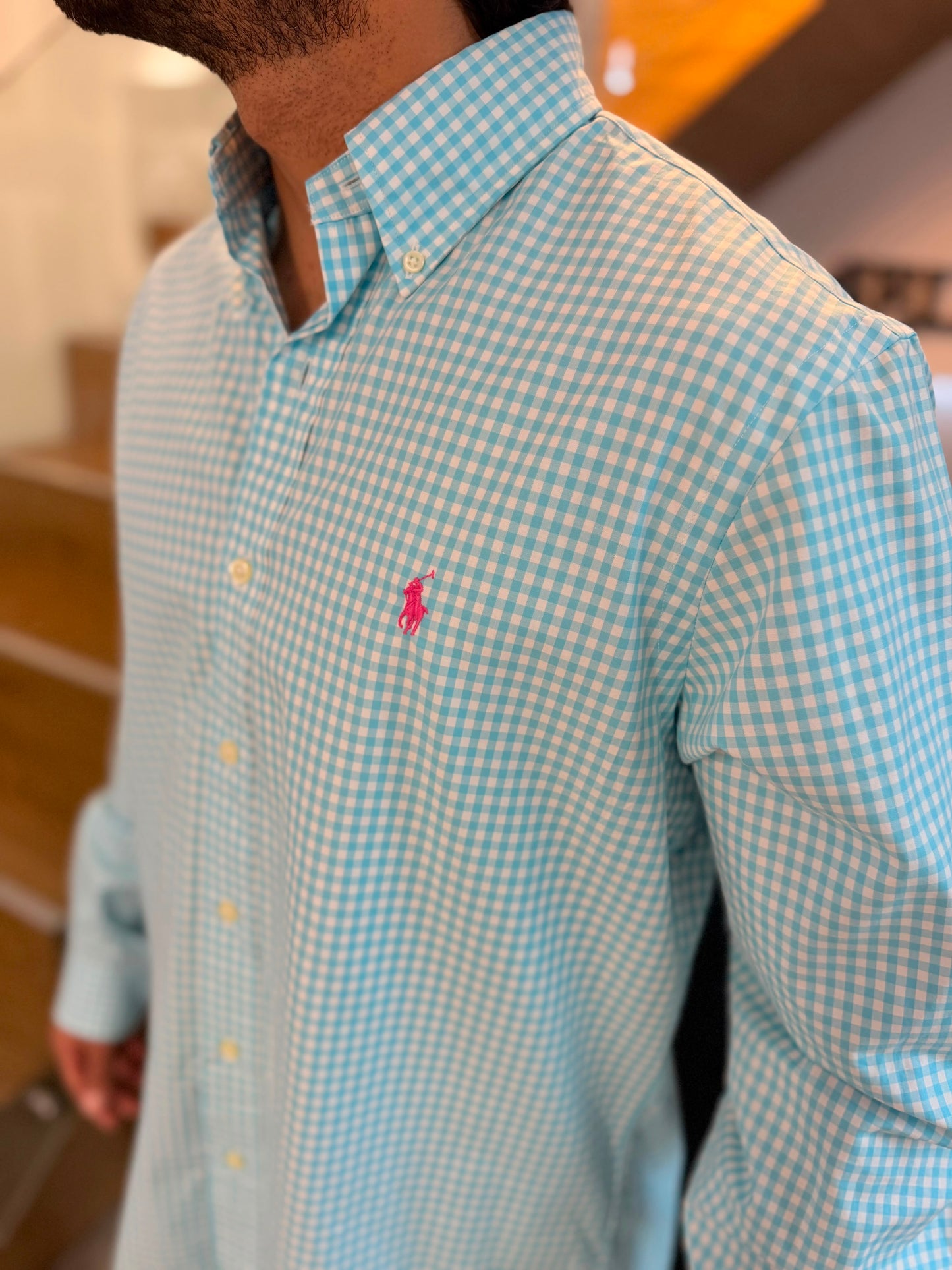 Camisa Polo R.L hombre Algodón Cuadros Azul Cielo Caballo Fucsia