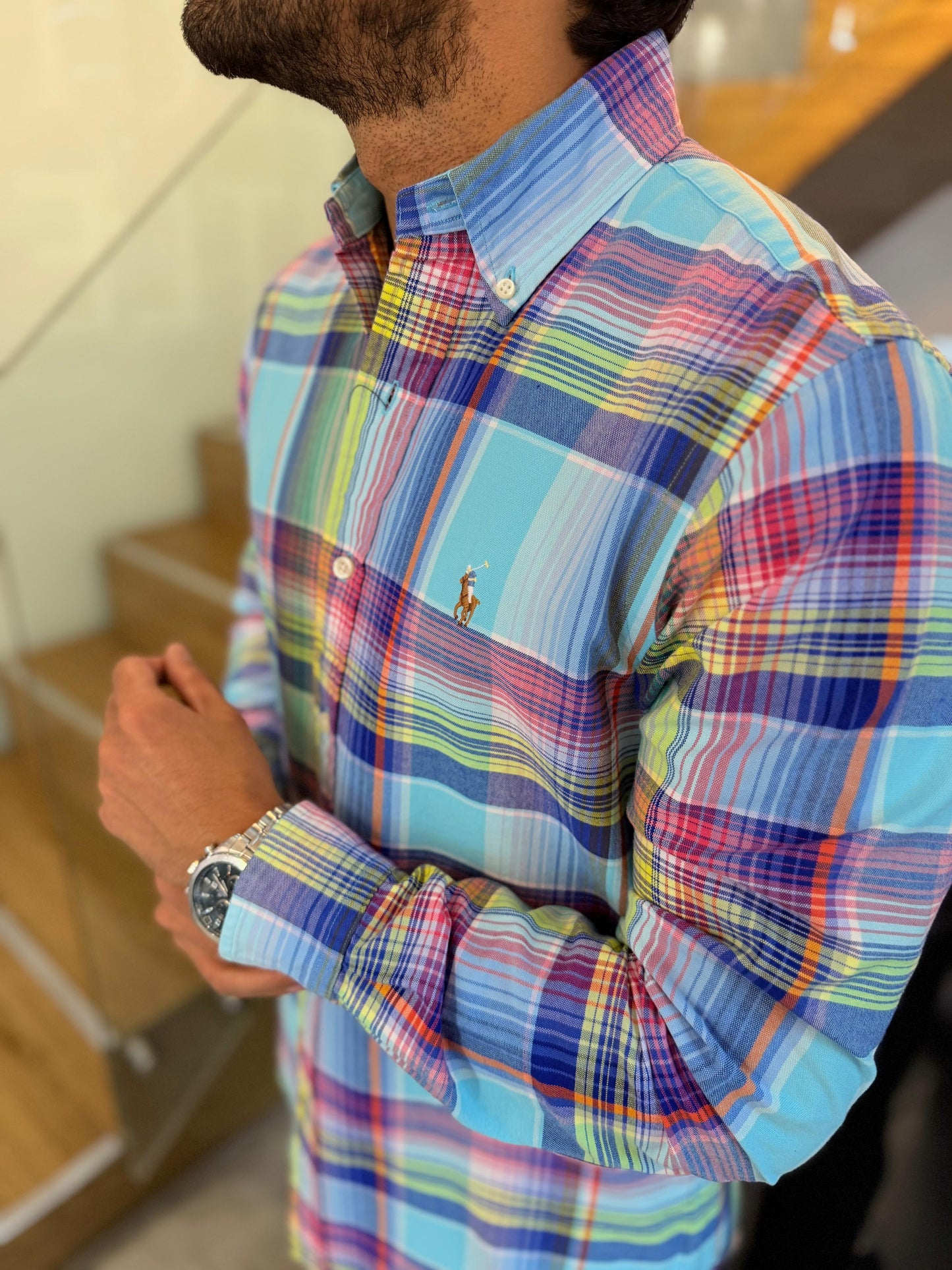 Camisa Polo R.L hombre Oxford Cuadros Celestes y Colores Caballo Multicolor