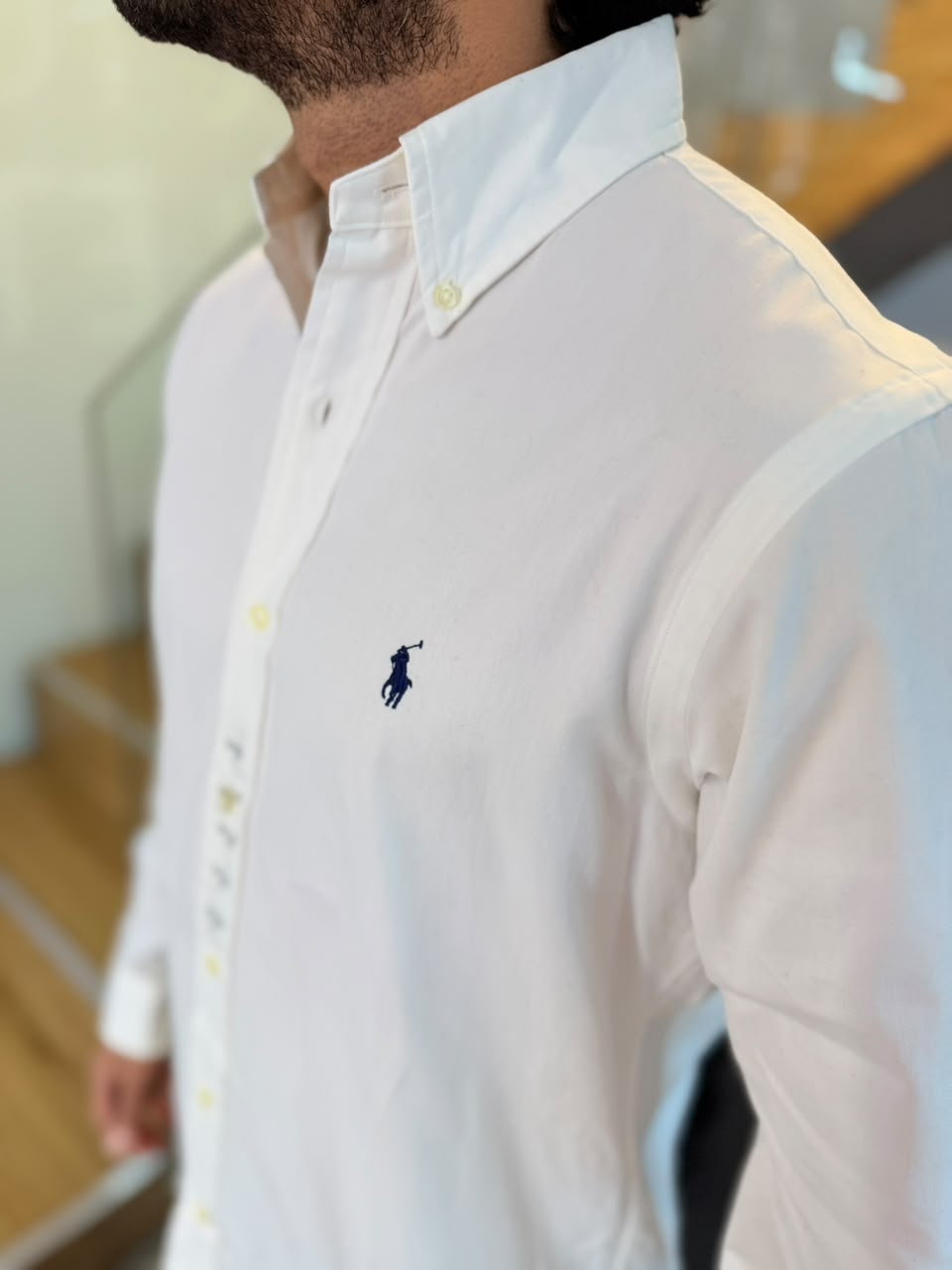 Camisa Polo R.L hombre Algodón Blanca Caballo Azul