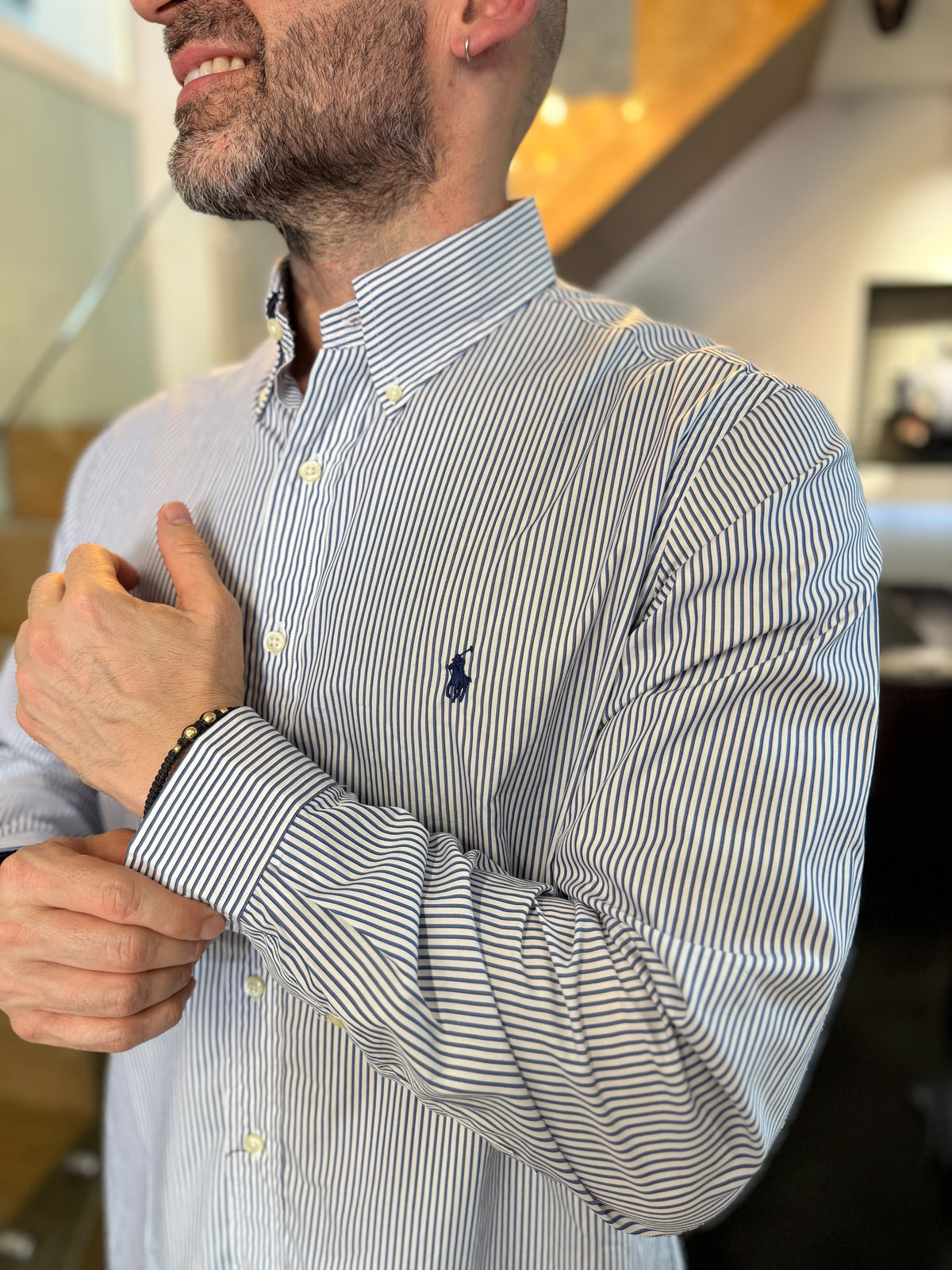 Camisa Polo R.L hombre Algodón Rayas Azules Con Blanco Caballo Azul