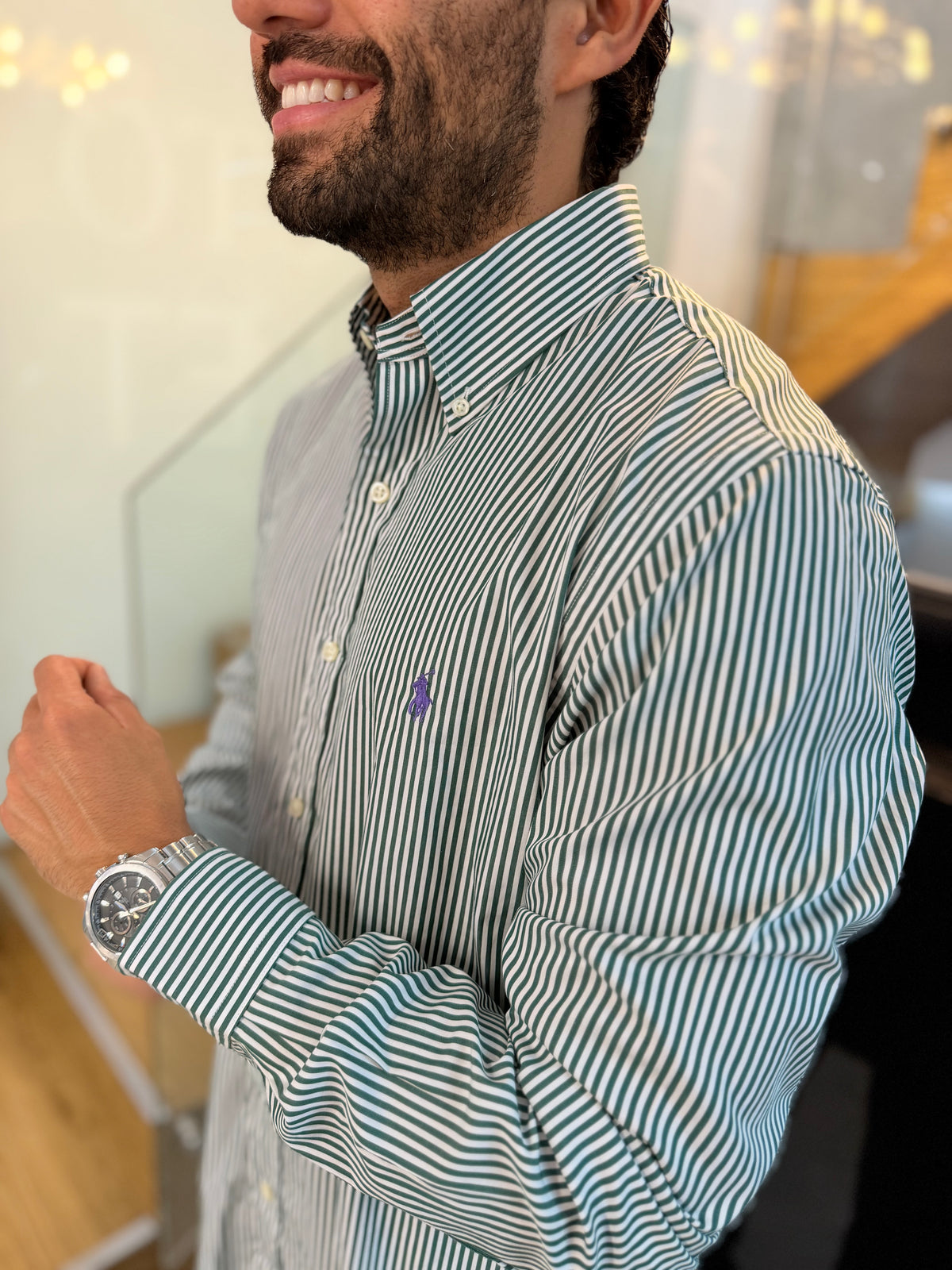 Camisa Polo R.L hombre Algodón Rayas Verdes Con Blanco Caballo Lila
