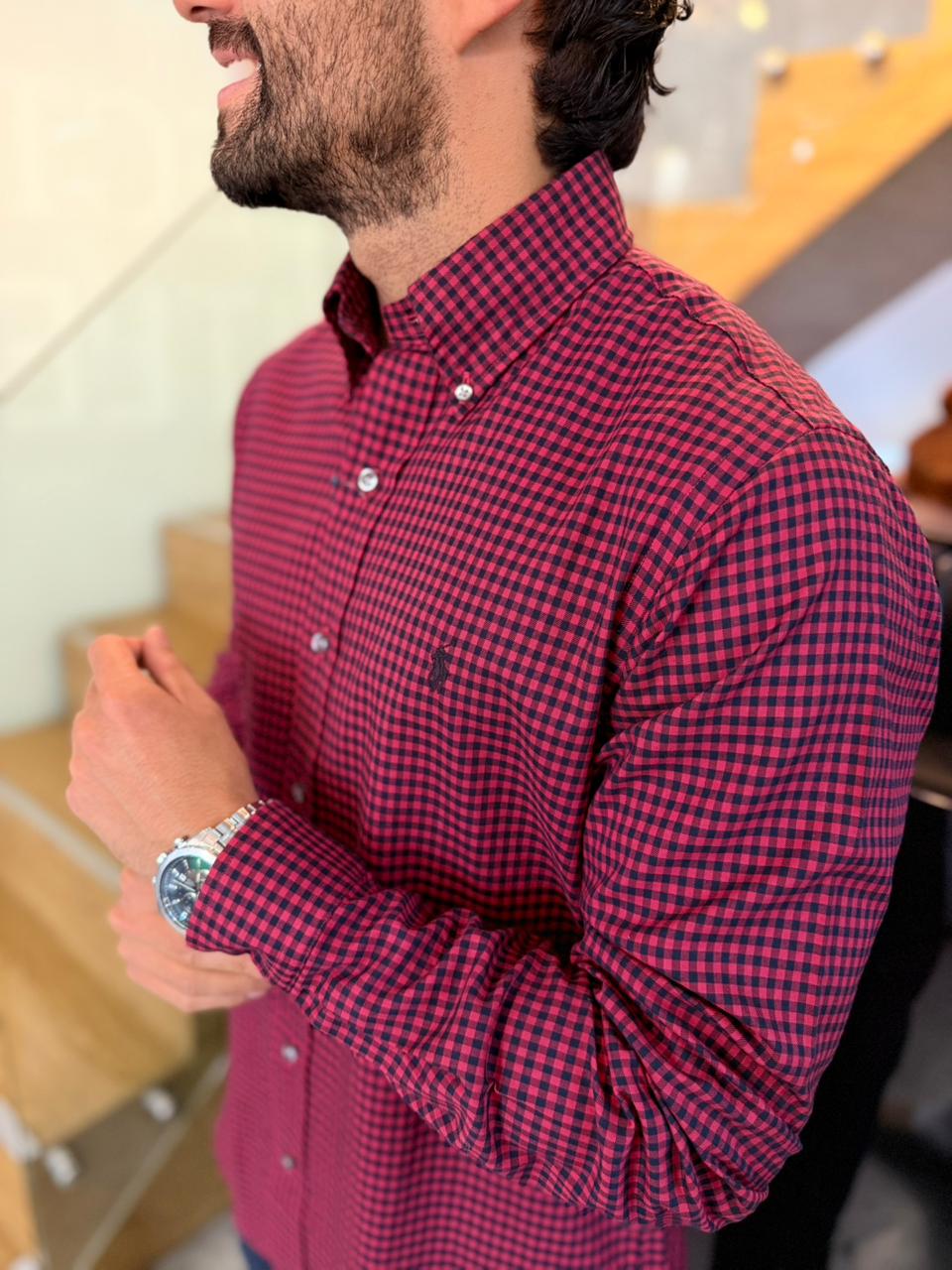 Camisa Polo R.L hombre Algodón Cuadros Rojos Con Negro Caballo Negro