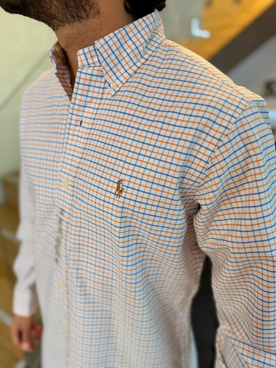 Camisa Polo R.L hombre Oxford Cuadros Blancos con Naranja Caballo Multicolor