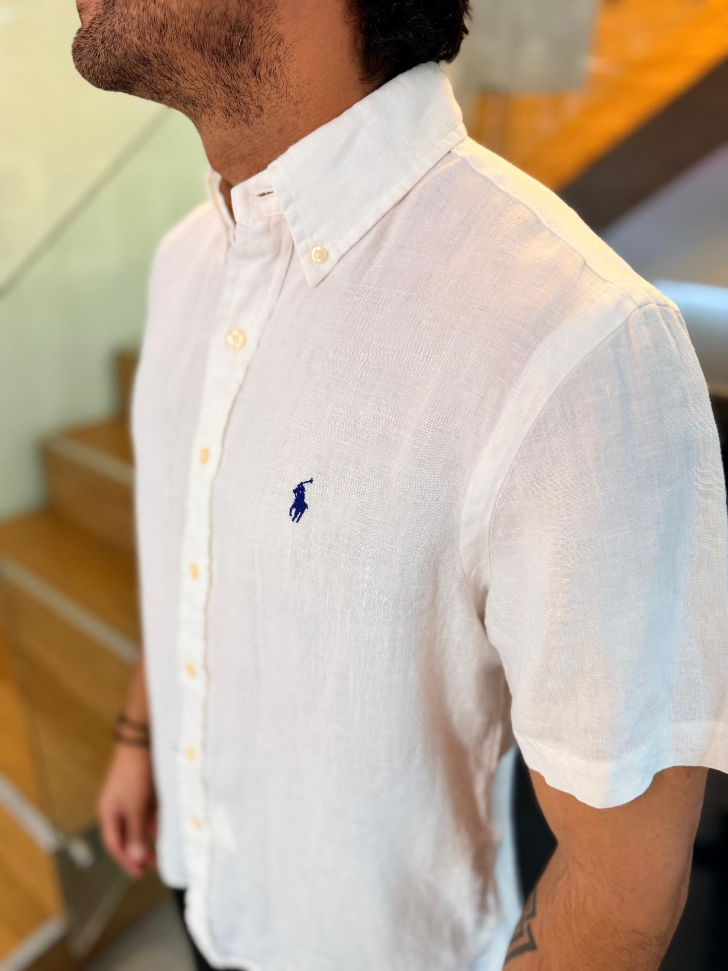 Camisa Polo R.L hombre Lino Manga Corta Blanca