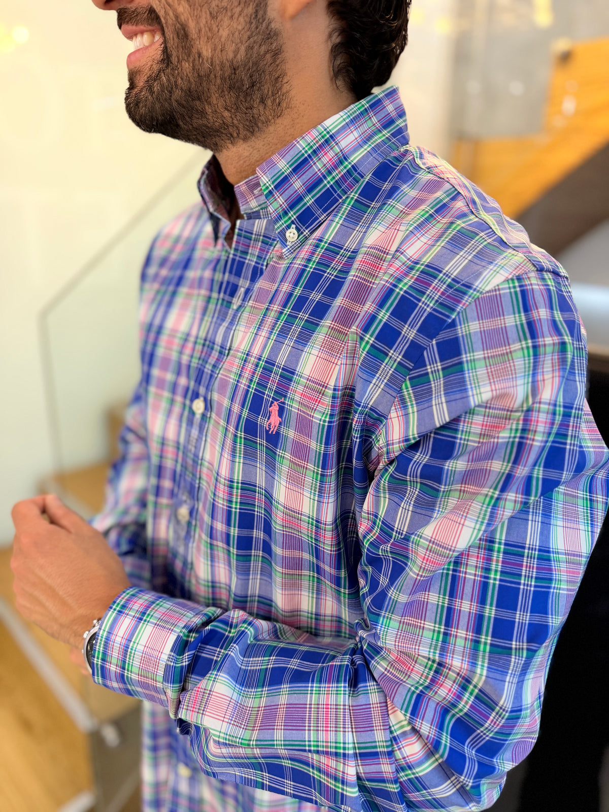 Camisa Polo R.L hombre Algodón Cuadros Azules Caballo Rosa