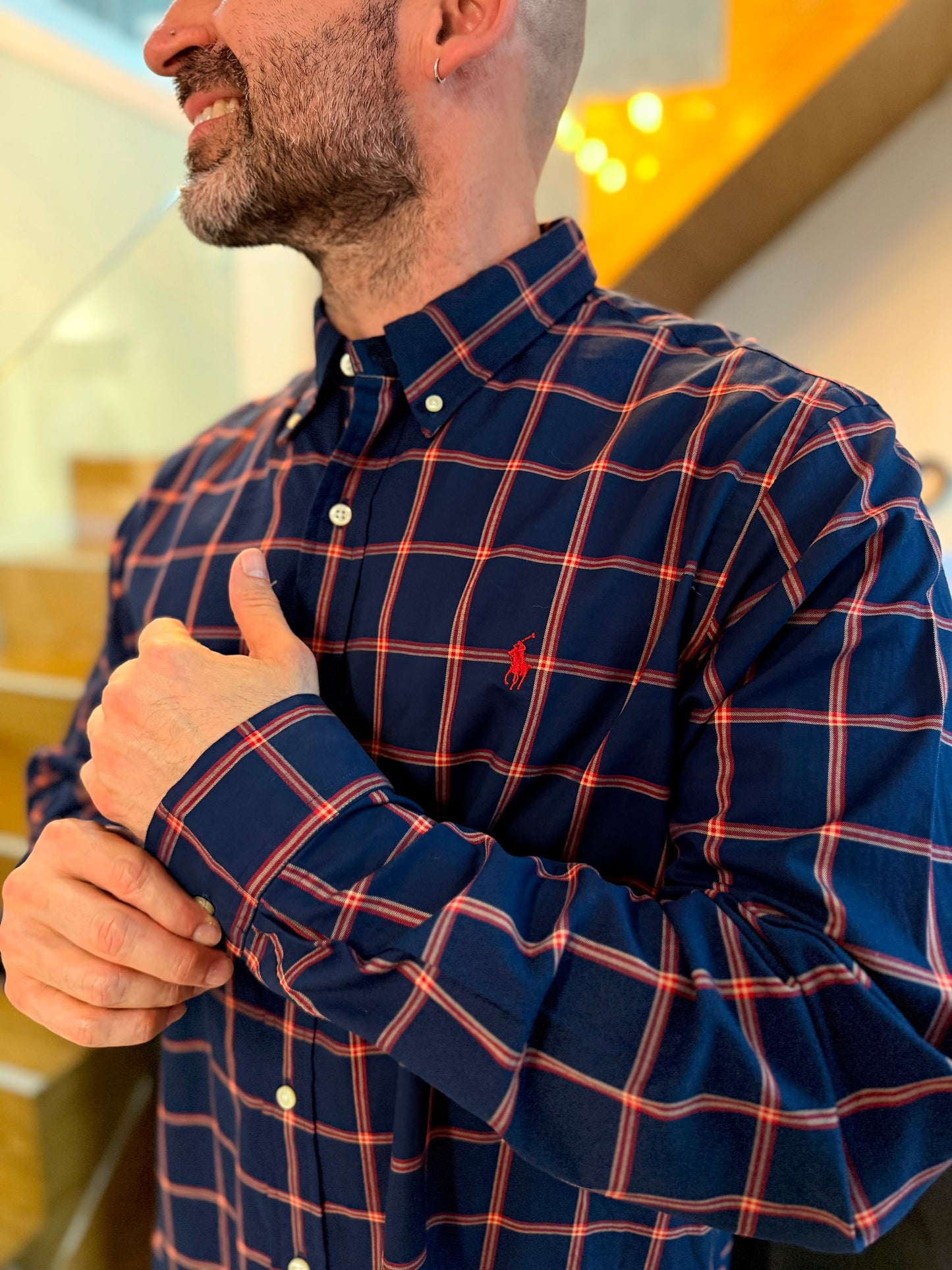 Camisa Polo R.L hombre Algodón Cuadros Azules Caballo Rojo