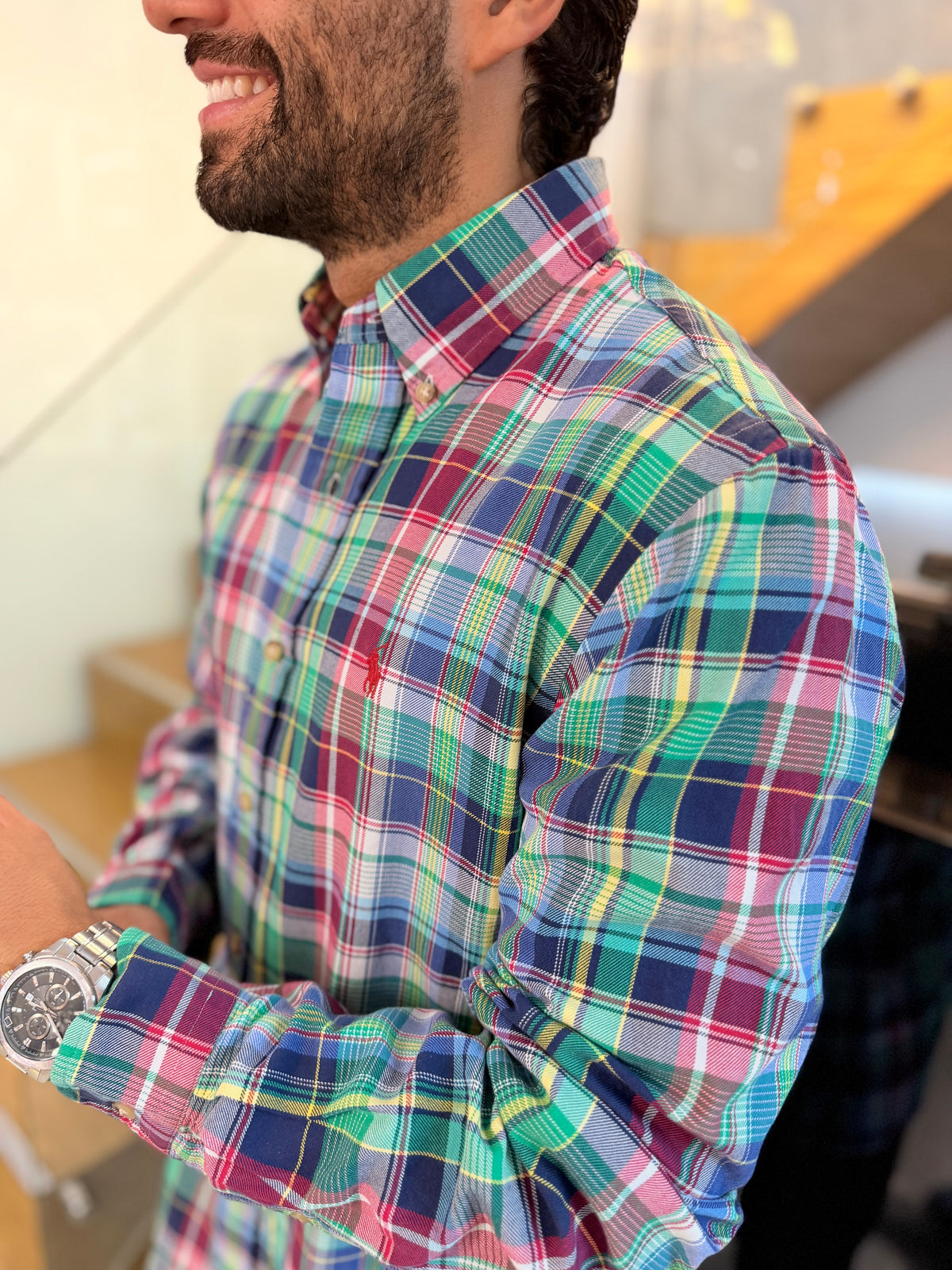 Camisa Polo R.L hombre Algodón Cuadros Rojos Con Verde Caballo Rojo
