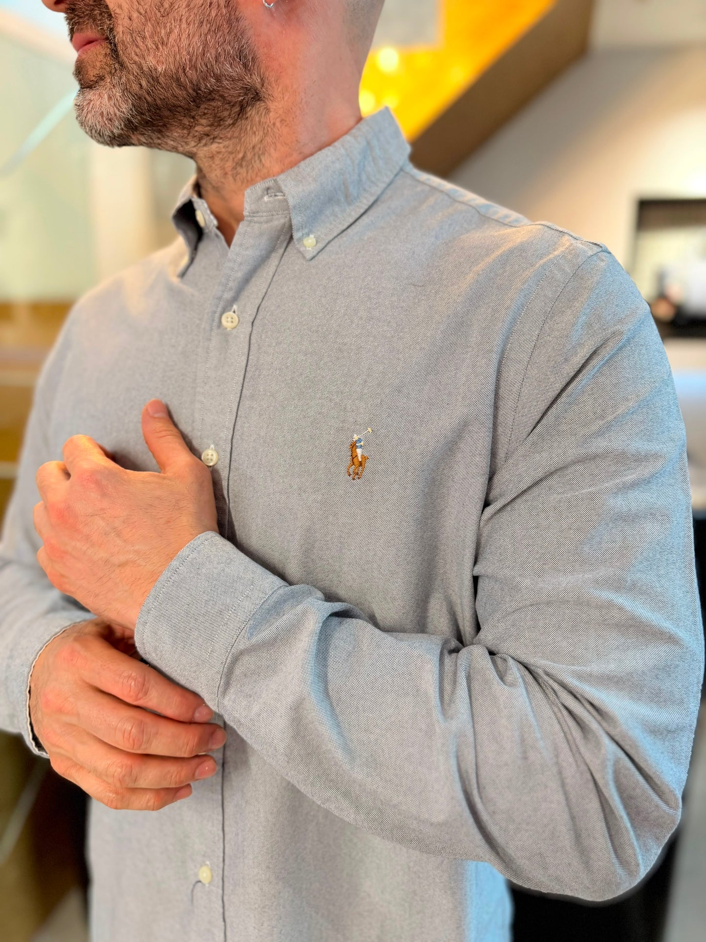 Camisa Polo R.L hombre Oxford Gris Caballo Multicolor