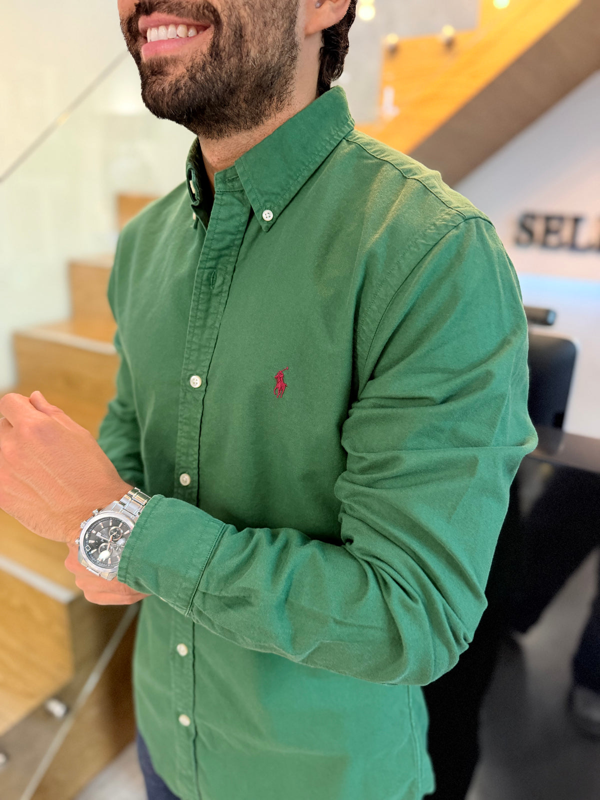 Camisa Polo R.L hombre Oxford Slim Fit Verde Militar Caballo Rojo