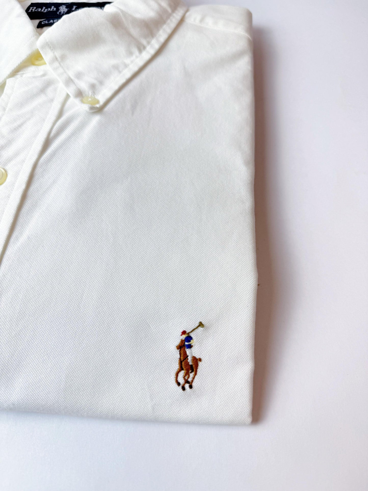 Camisa Polo R.L hombre Oxford Blanca Manga Corta Slim Fit