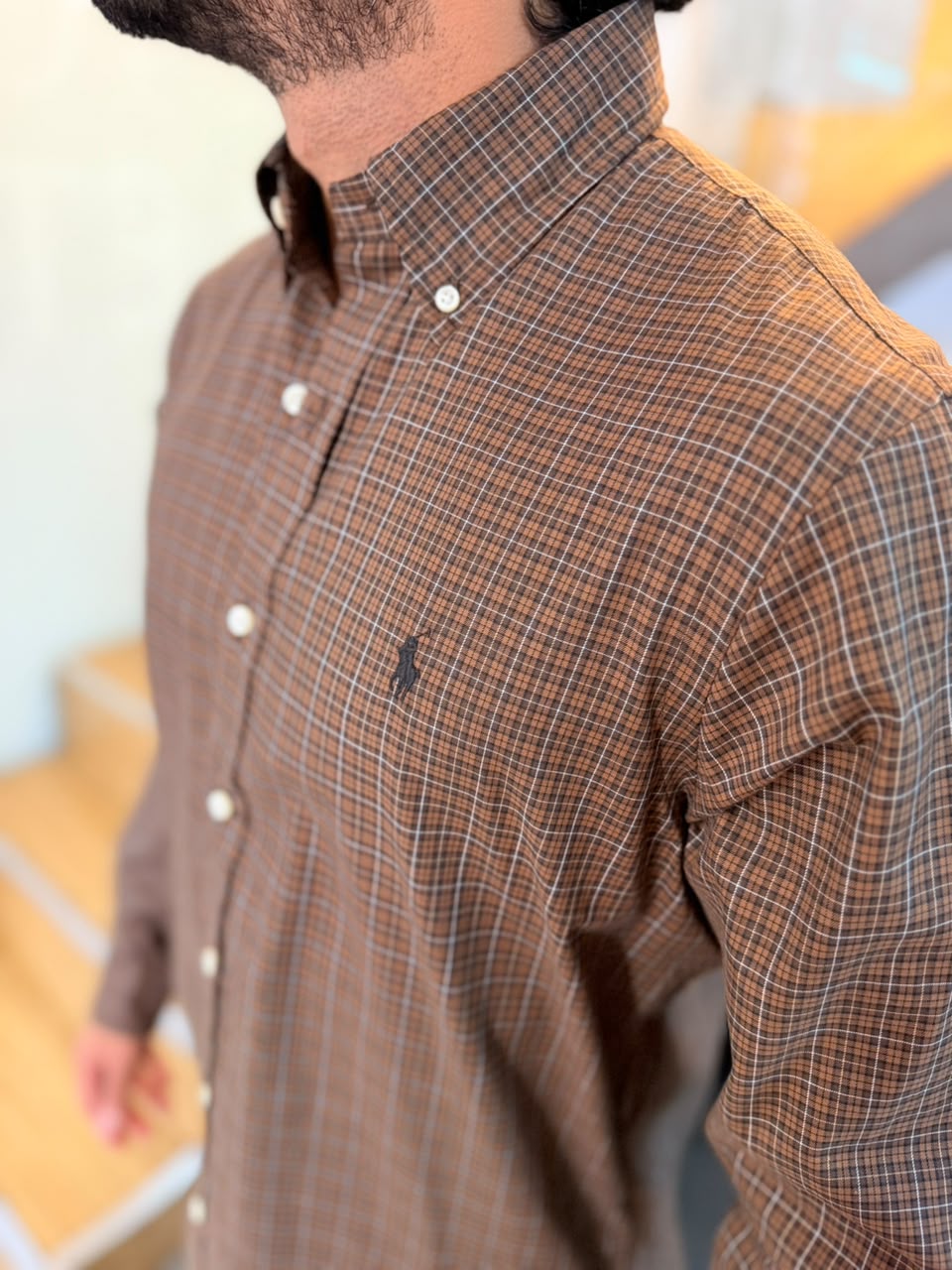 Camisa Polo R.L hombre Algodón Cuadros Cafés Caballo Negro