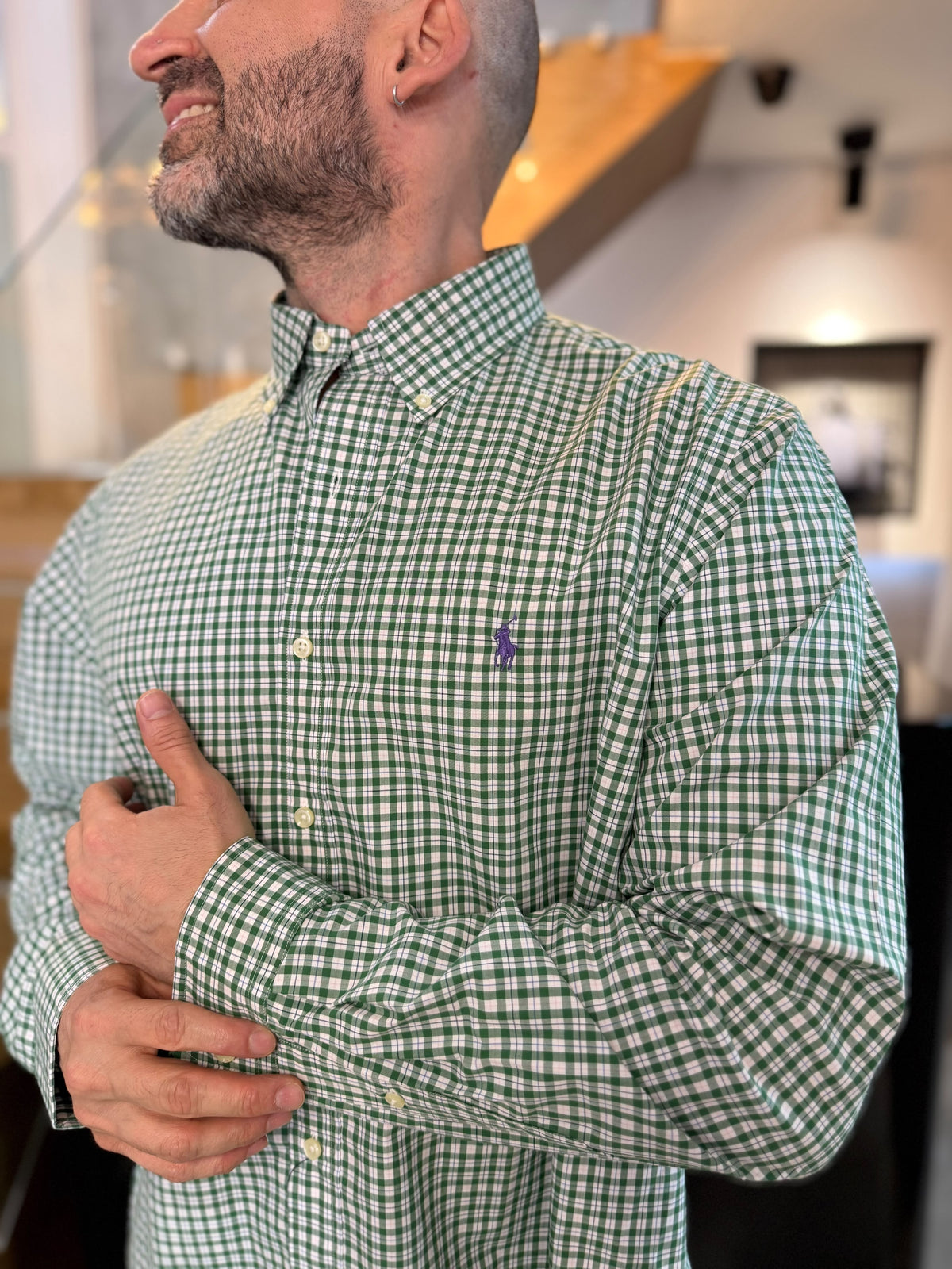 Camisa Polo R.L hombre Algodón Cuadros Verdes Con Blanco Caballo Morado