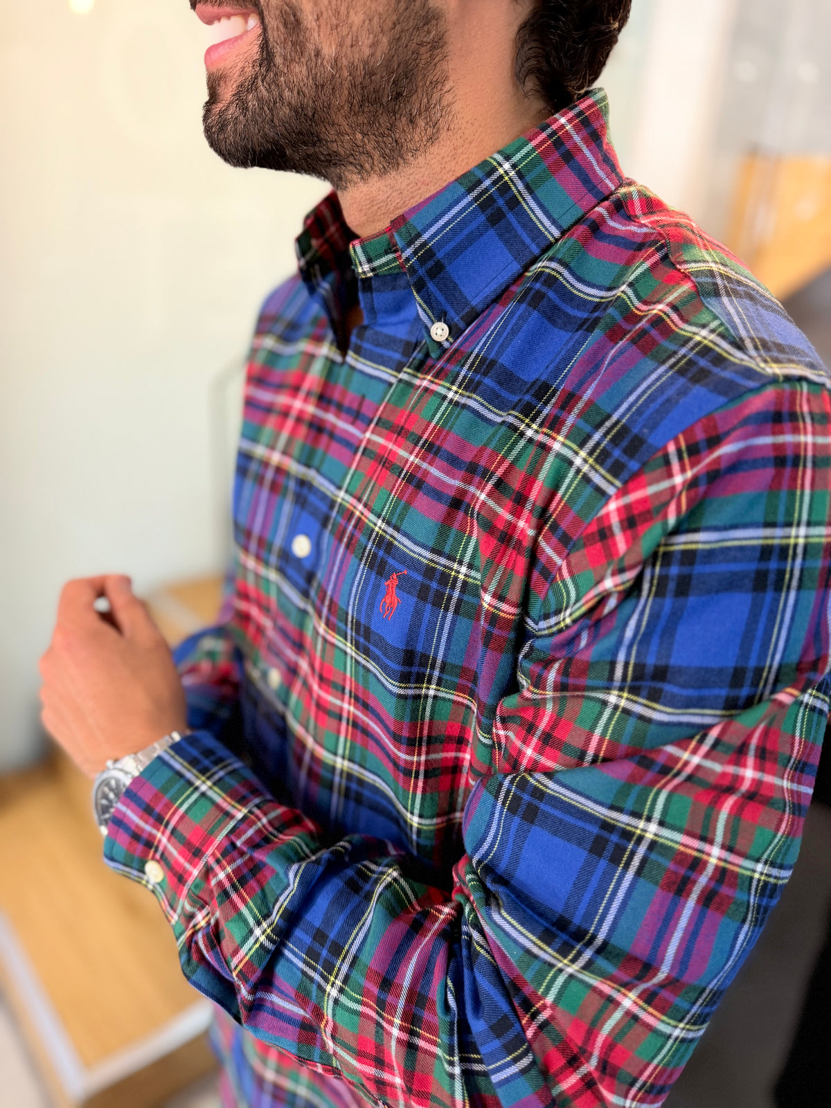 Camisa Polo R.L hombre Algodón Grueso Cuadros Azules Con Rojo Caballo Rojo