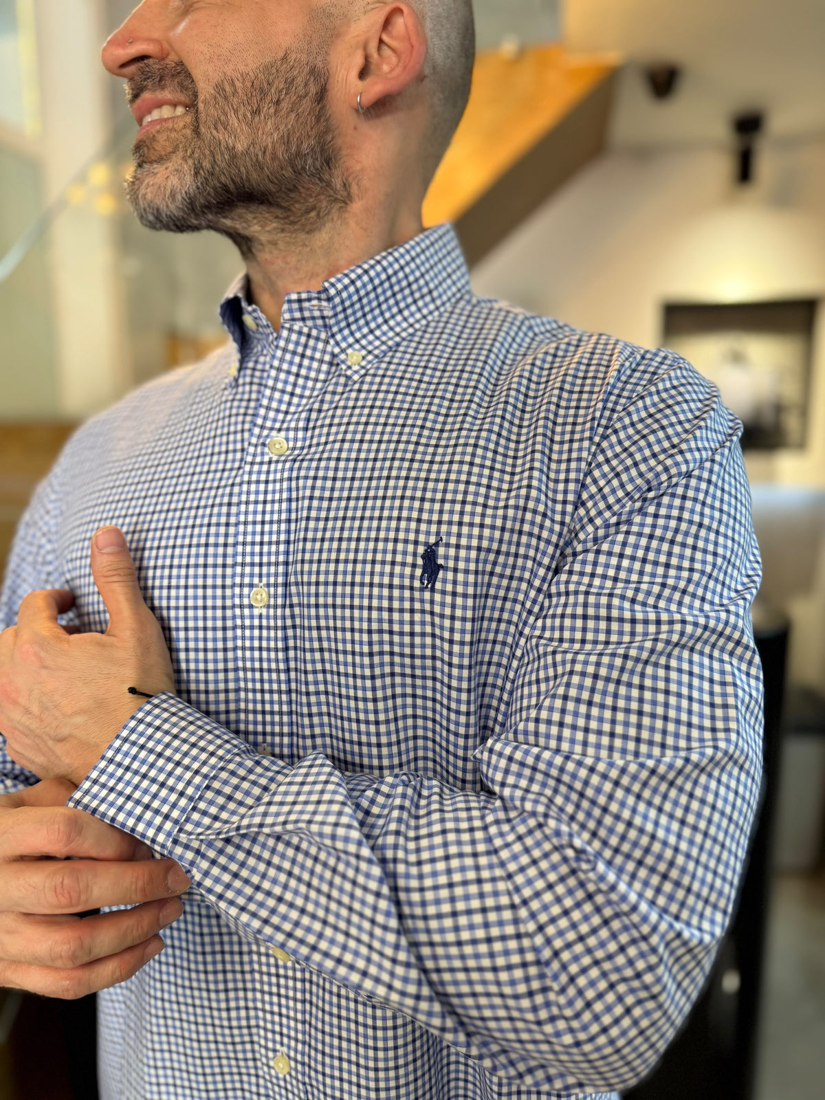 Camisa Polo R.L hombre Algodón Cuadros Azules Con Blanco Caballo Azul