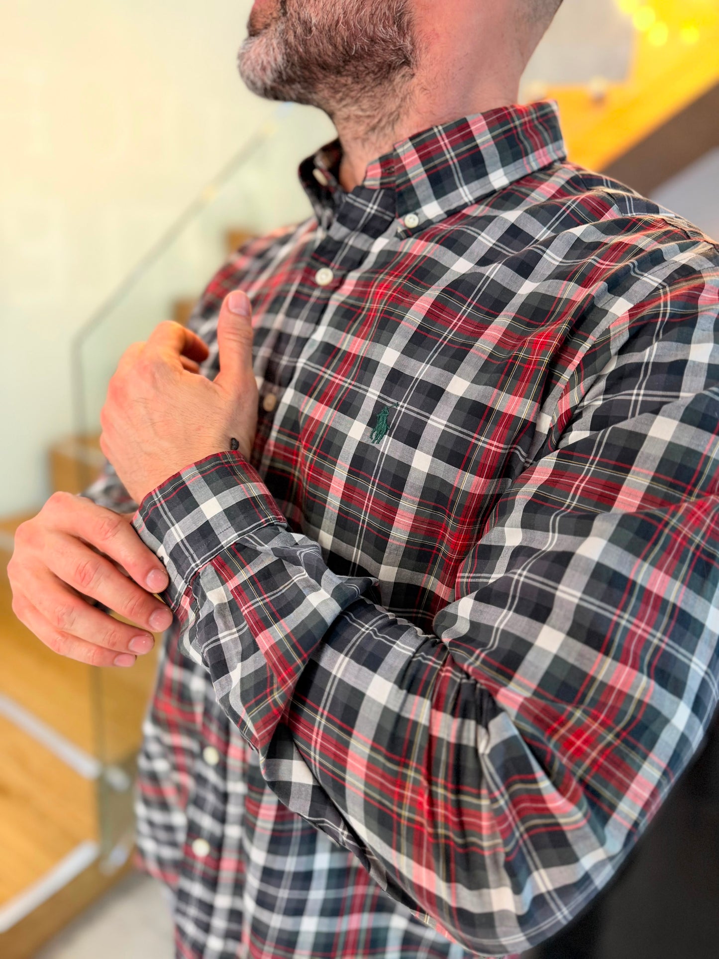 Camisa Polo R.L hombre Algodón Cuadros Grises Con Rojo Caballo Verde