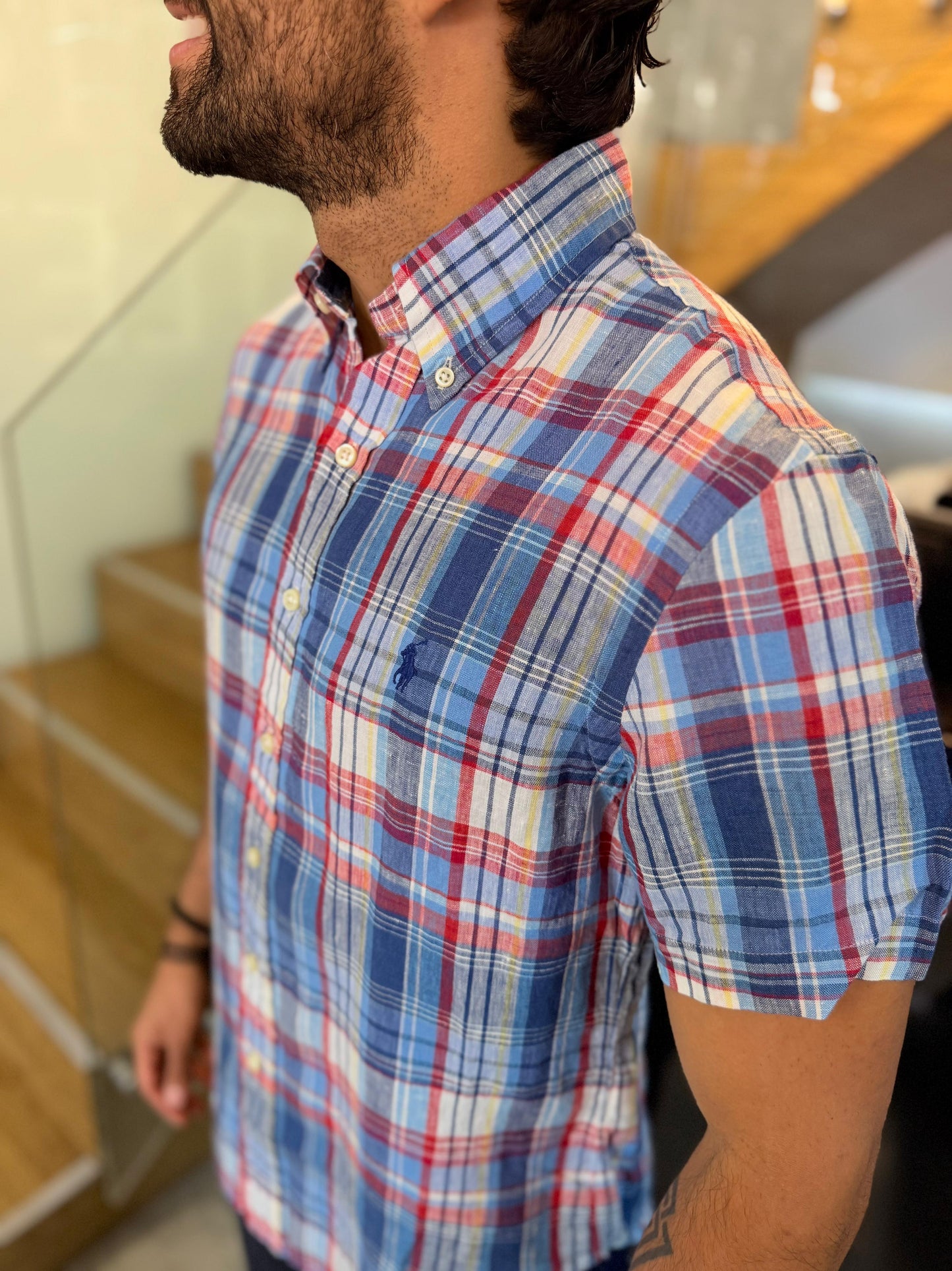 Camisa Polo R.L hombre Lino Manga Corta Custom Fit Cuadros Colores Caballo Azul