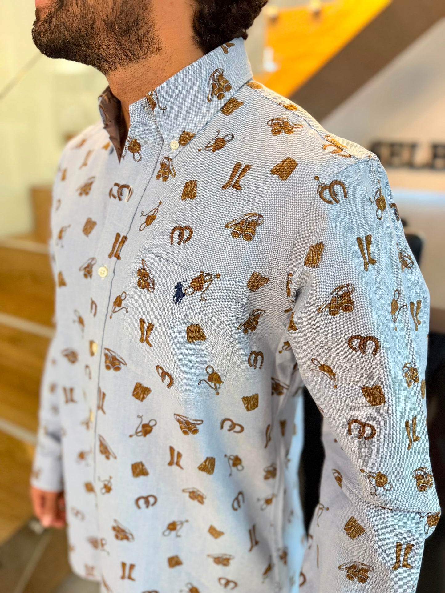 Camisa Polo R.L hombre Oxford Celeste Estampado Bolsillo Caballo Azul