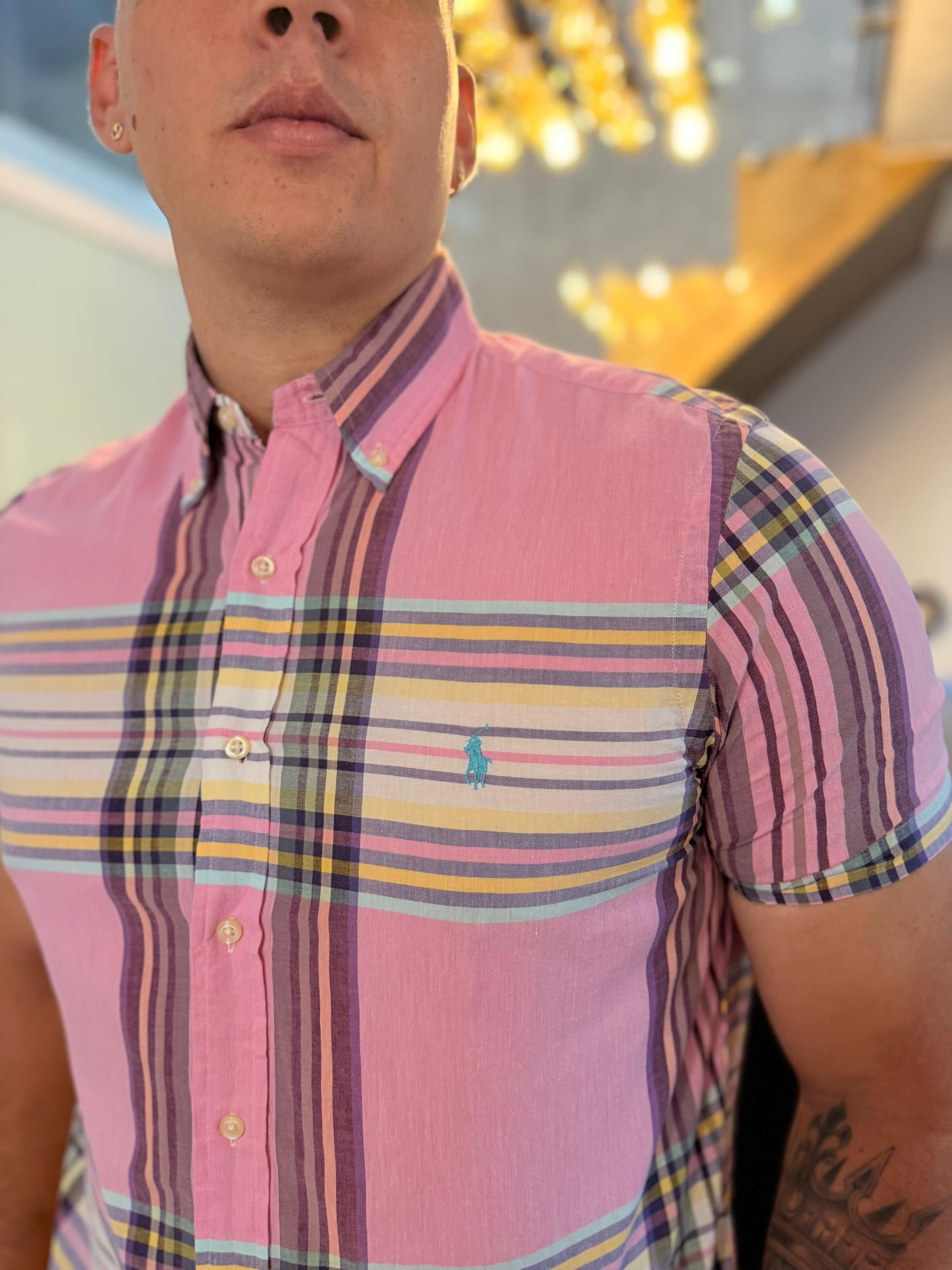 Camisa Polo R.L hombre Algodón Manga Corta Cuadros Rosados Caballo Celeste
