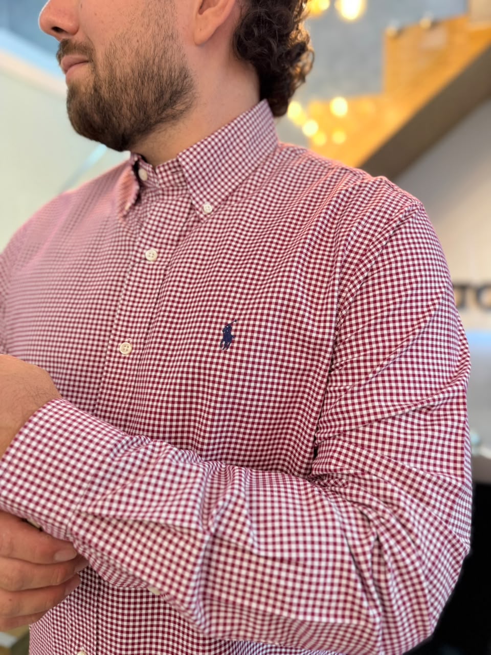 Camisa Polo R.L hombre Oxford Cuadros Vinotinto Caballo Azul