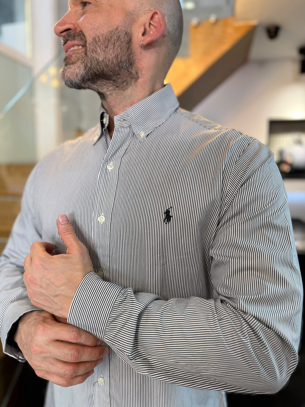 Camisa Polo R.L hombre Algodón Slim Fit Rayas Negras Con Blanco Caballo Negro