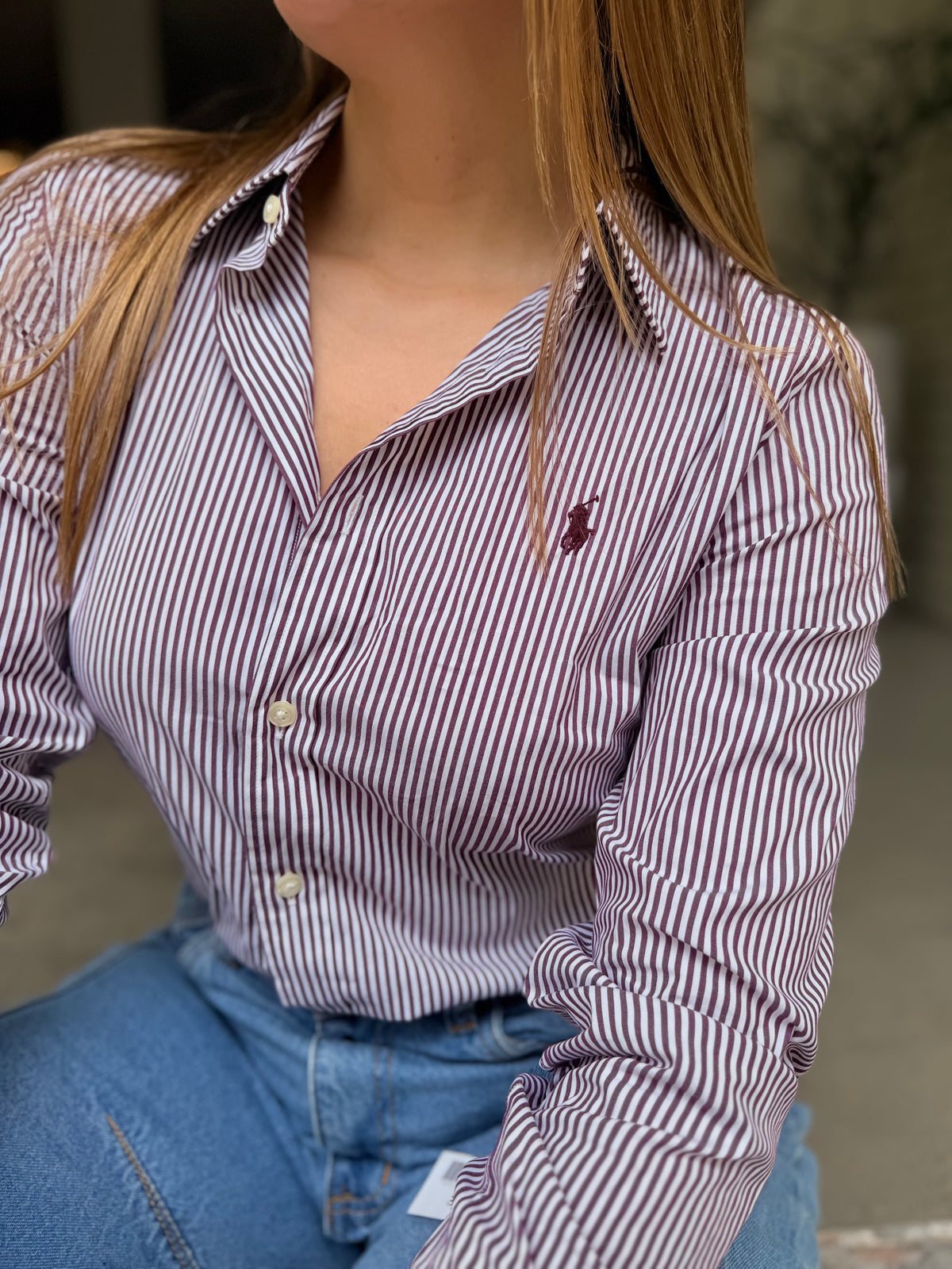 Camisa Polo R.L Dama Algodón Rayas Morado Caballo Morado