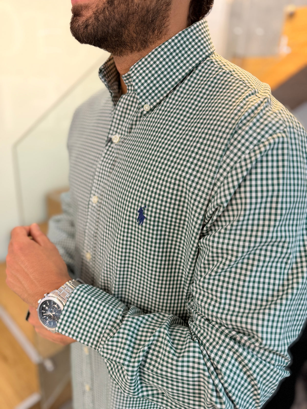 Camisa Polo R.L hombre Algodón Cuadros Verdes Con Blanco Caballo Azul