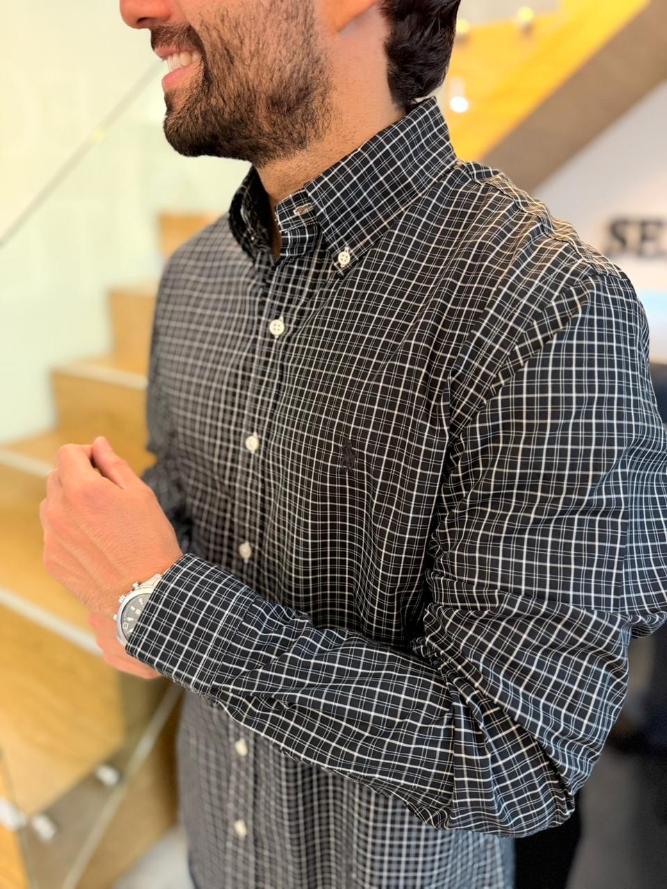 Camisa Polo R.L hombre Algodón Cuadros Negros Caballo Negro