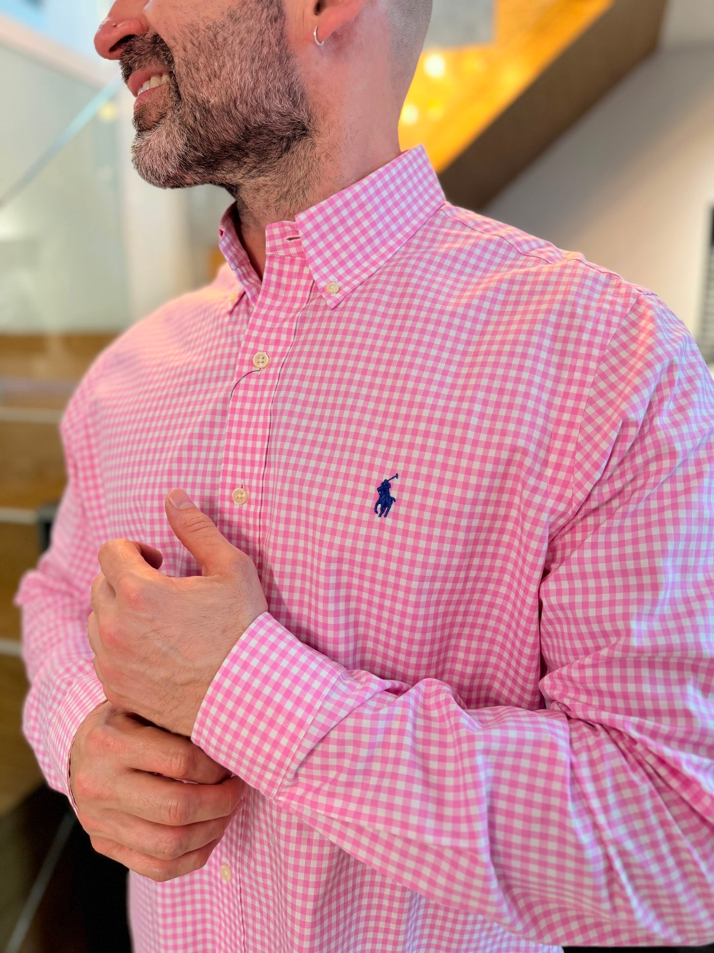 Camisa Polo R.L hombre Algodón Cuadros Rosados Con Blanco Caballo Azul