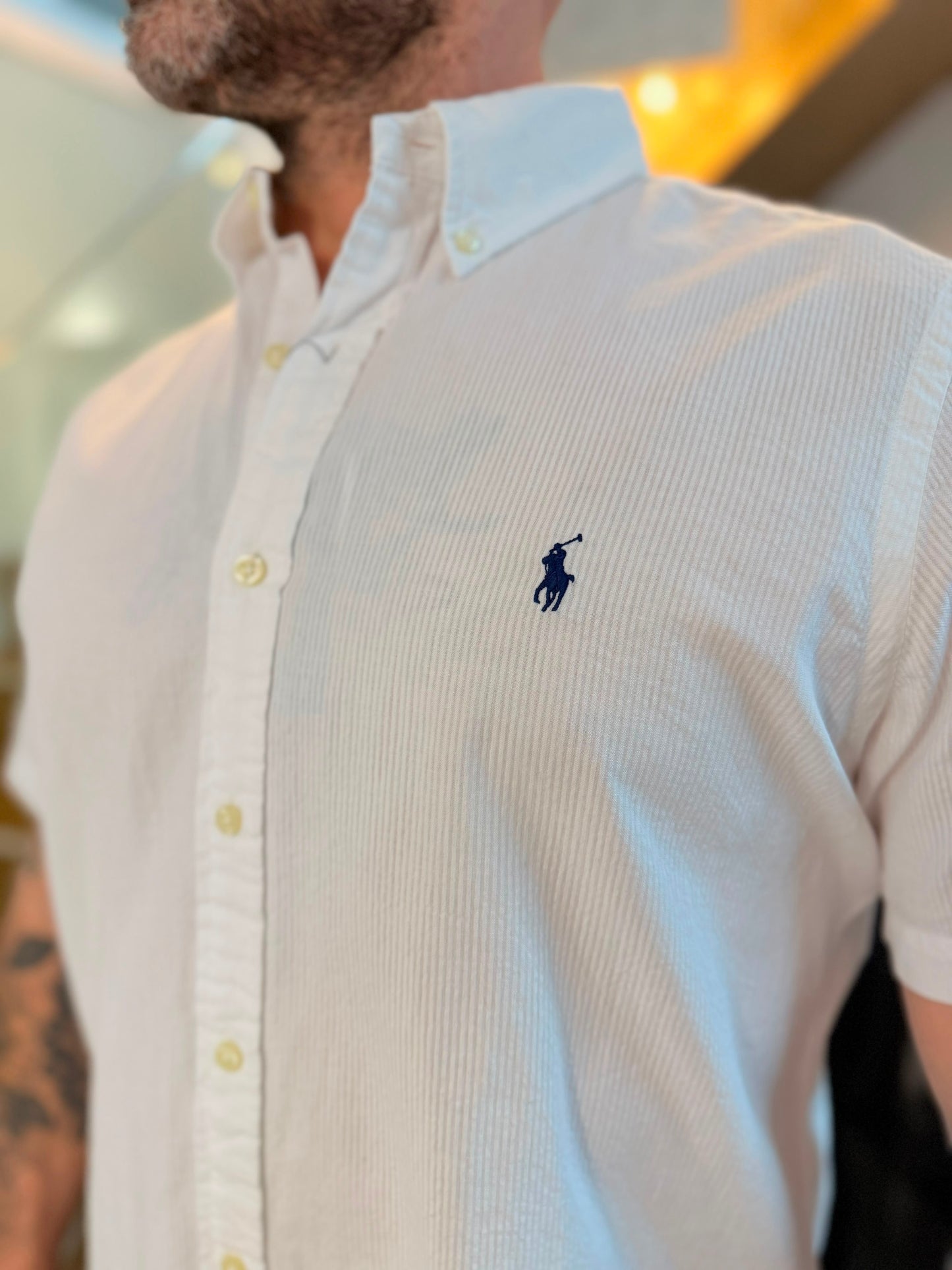 Camisa Polo R.L hombre Manga Corta Galleta Blanca Caballo Azul