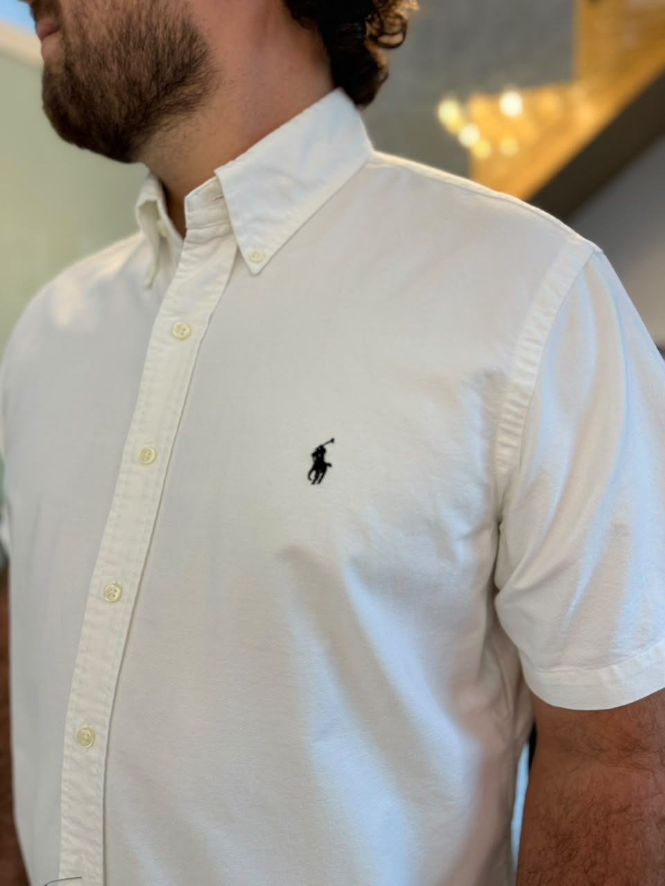 Camisa Polo R.L hombre Oxford Manga corta Blanca Caballo Negro