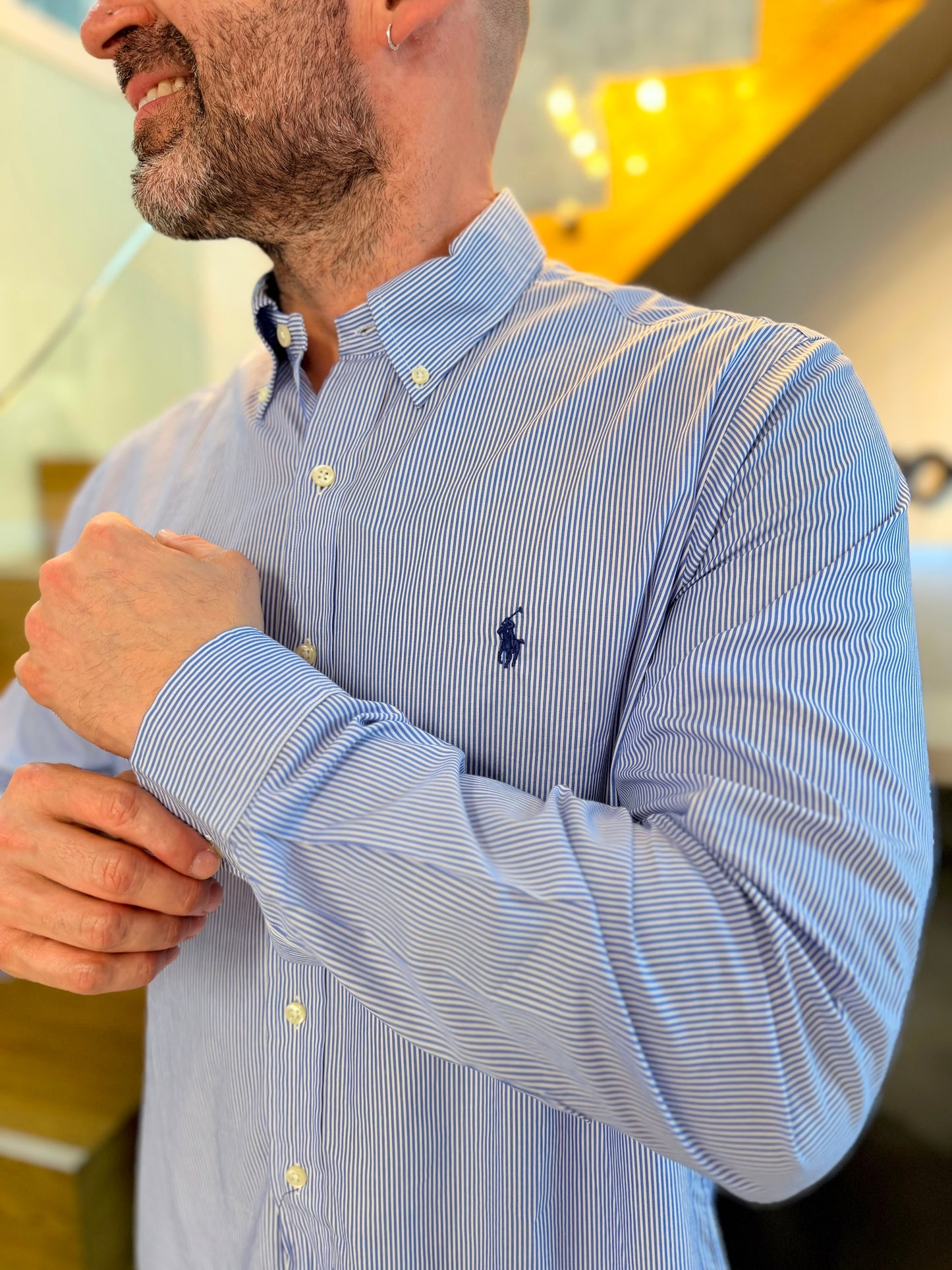Camisa Polo R.L hombre Algodón Rayas Azules Con Blanco Caballo Azul