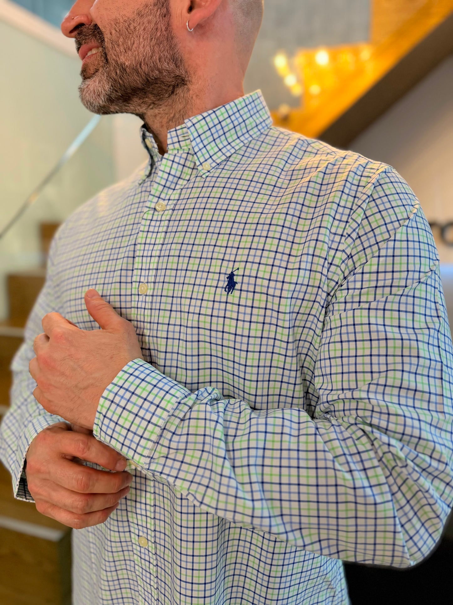 Camisa Polo R.L hombre Algodón Cuadros Blancos Con Verde Caballo Azul