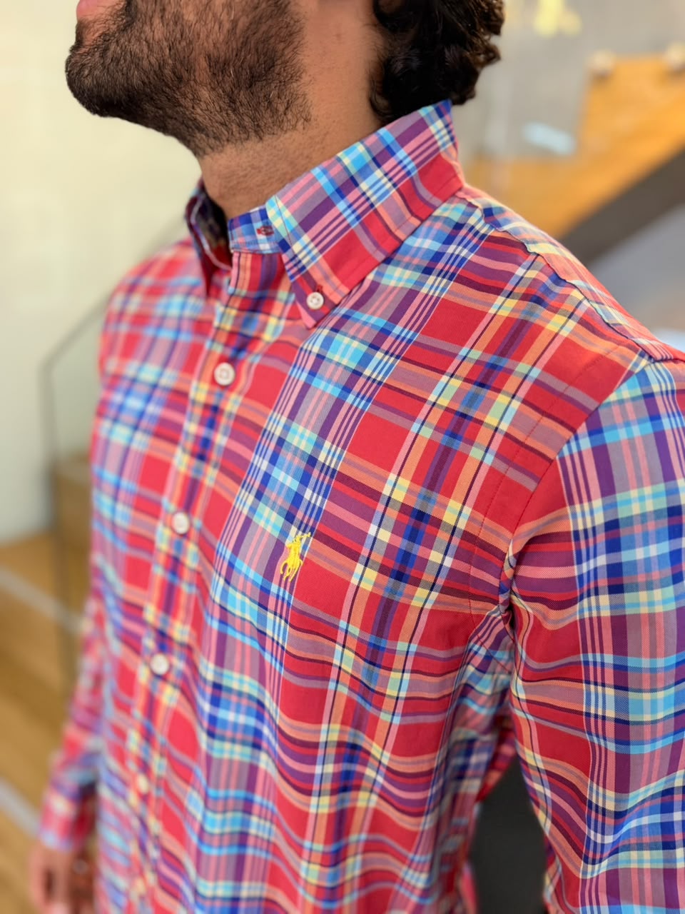 Camisa Polo R.L hombre Algodón Cuadros Coral Caballo Amarilla