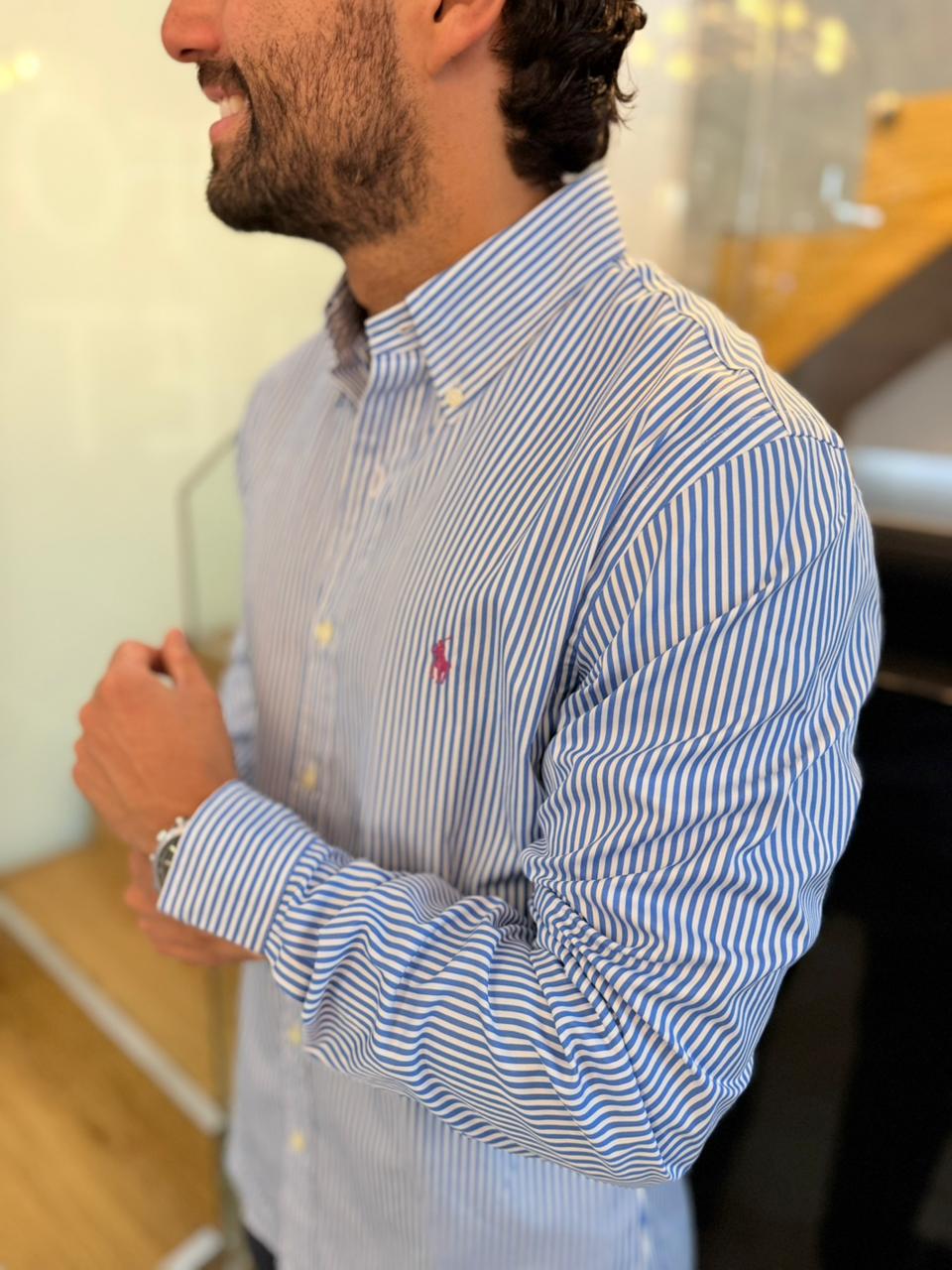 Camisa Polo R.L hombre Slim Fit Algodón Rayas Celestes Con Blanco Caballo Fucsia