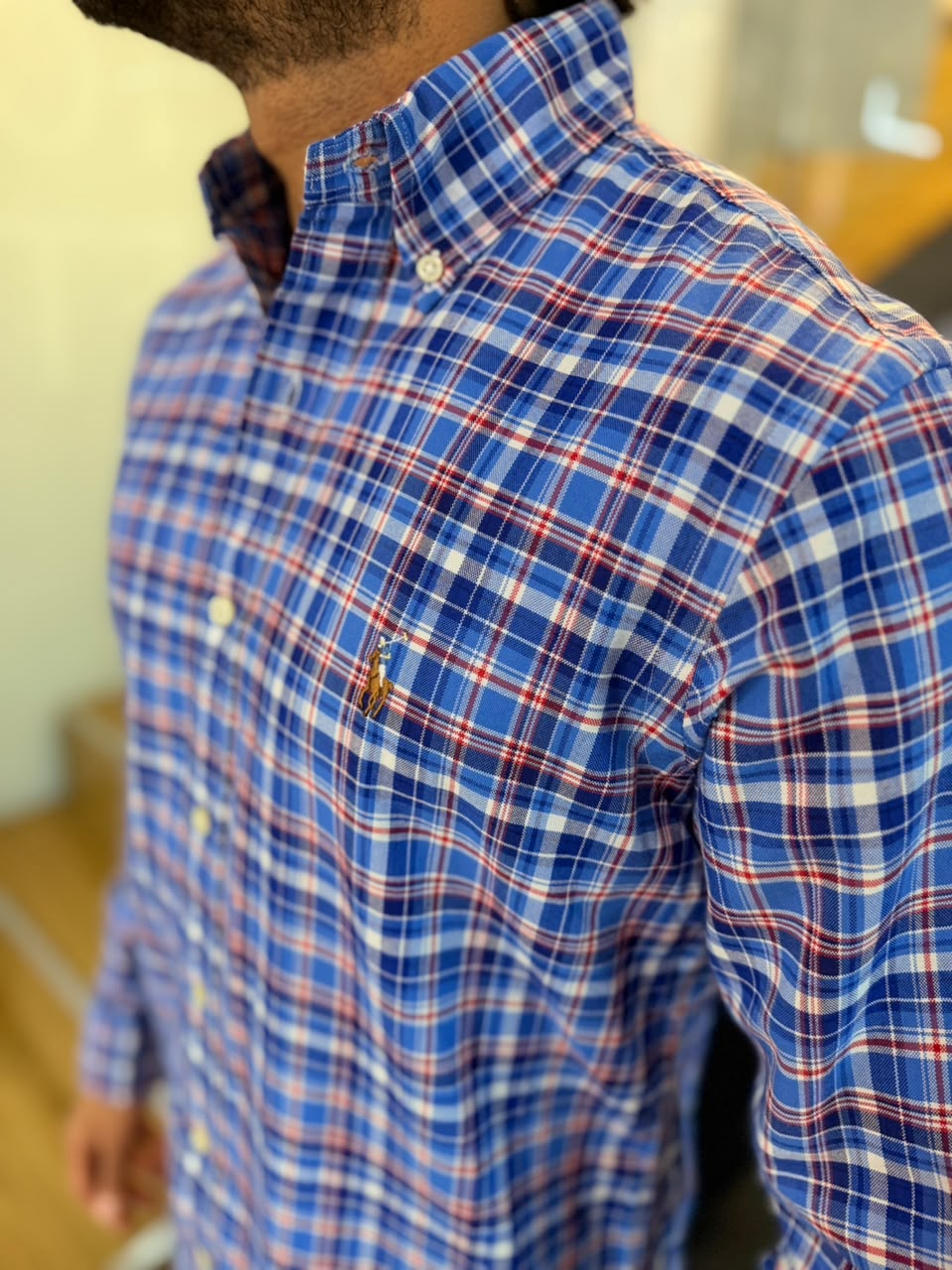 Camisa Polo R.L hombre Oxford Cuadros Azules Con Rojo Caballo Multicolor