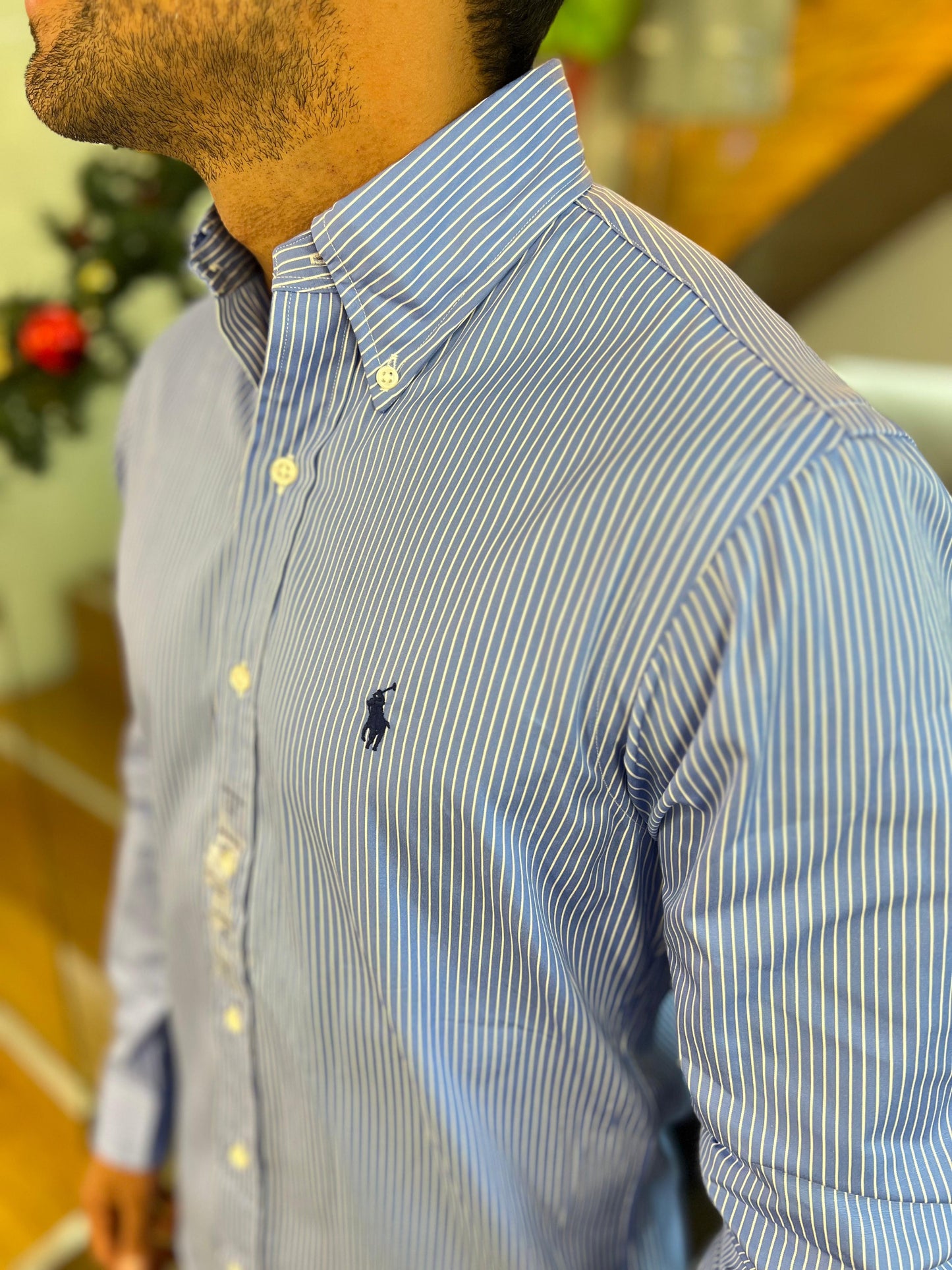 Camisa Polo R.L hombre Algodón Rayas Azules Caballo Azul