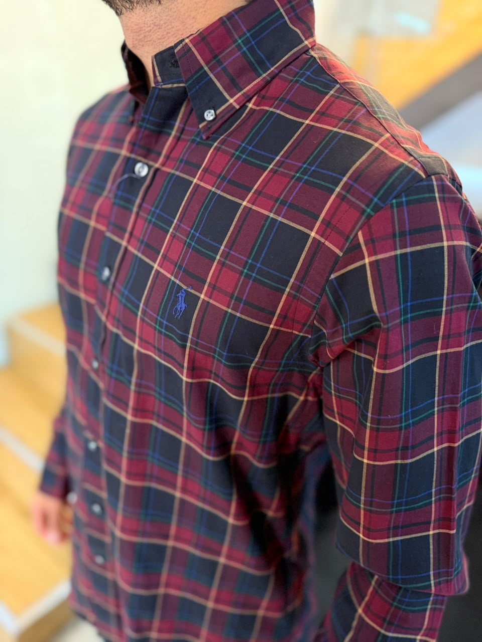 Camisa Polo R.L hombre Algodón Cuadros Vino Tinto Con Negro Caballo Azul