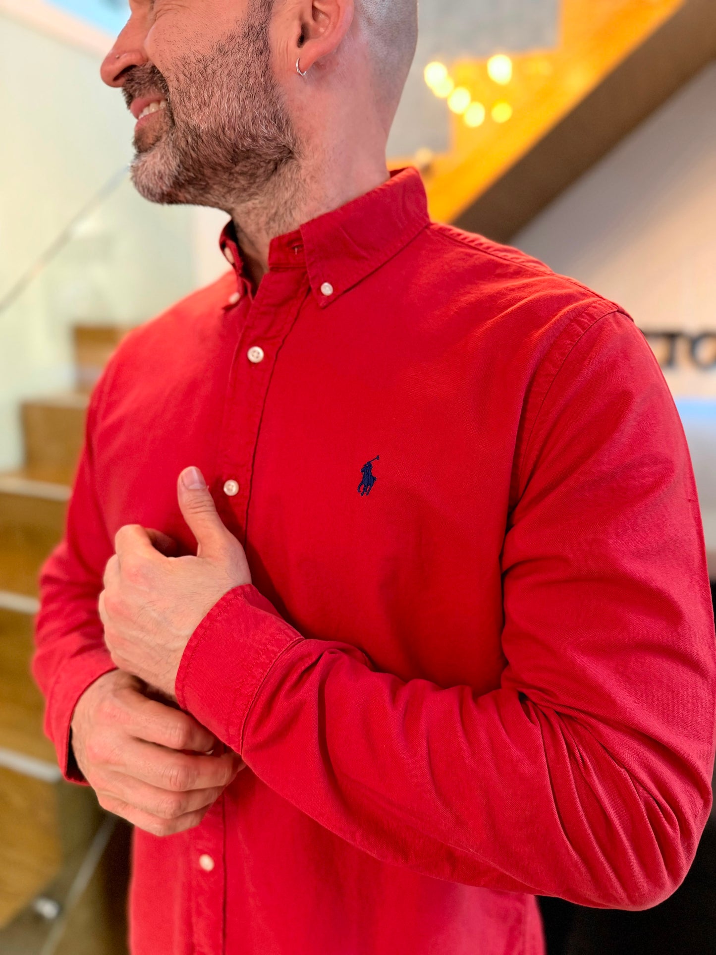 Camisa Polo R.L hombre Oxford Roja Caballo Azul