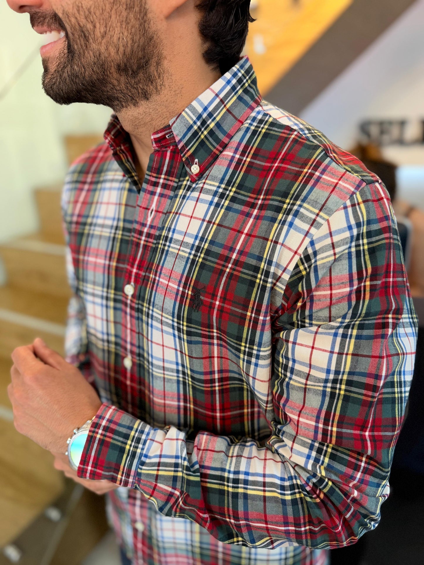 Camisa Polo R.L hombre Oxford Cuadros Rojos Caballo Negro