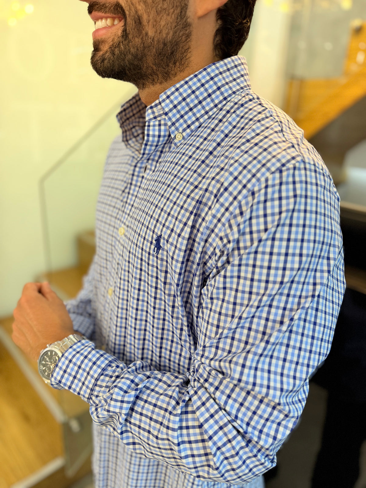 Camisa Polo R.L hombre Performance Cuadros Azules Con Blanco Caballo Azul