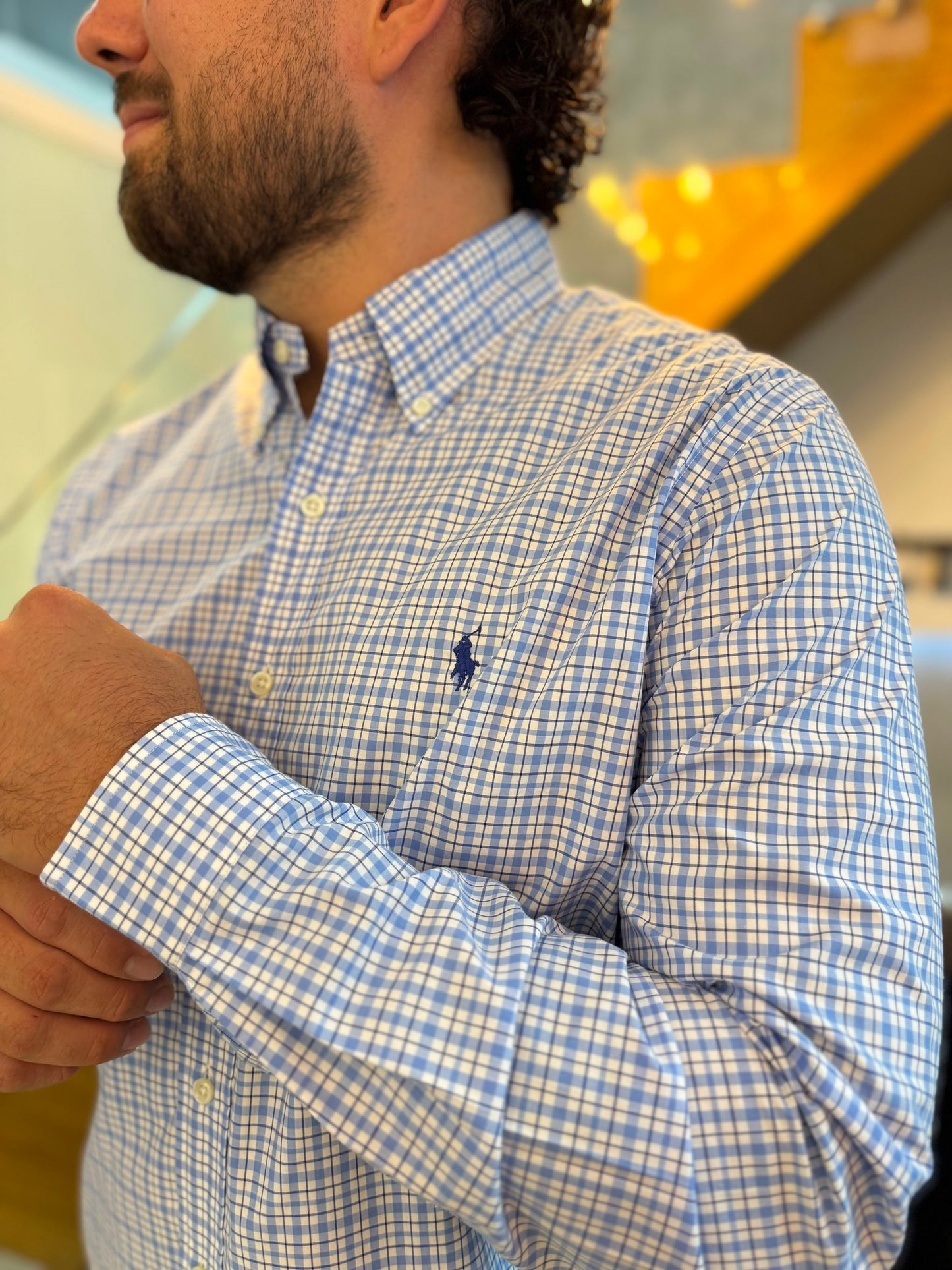 Camisa Polo R.L hombre Algodón Cuadros Azules Caballo Azul