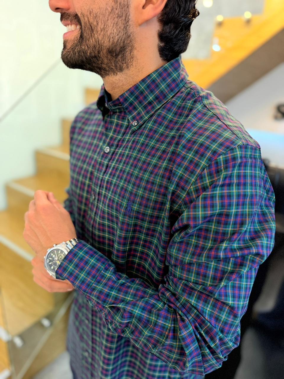 Camisa Polo R.L hombre Algodón Cuadros Verdes Caballo Azul