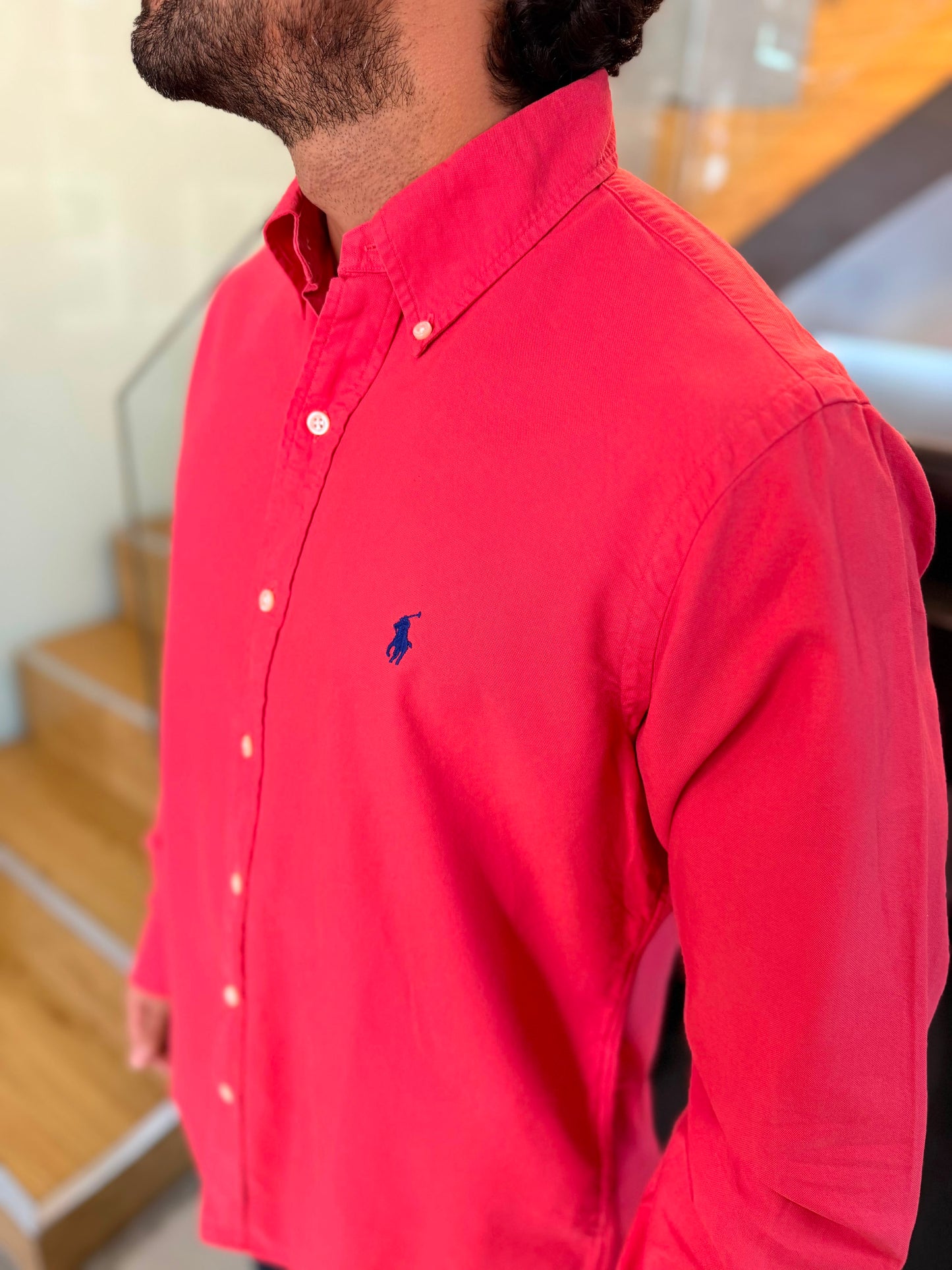 Camisa Polo R.L hombre Oxford Coral Caballo Azul